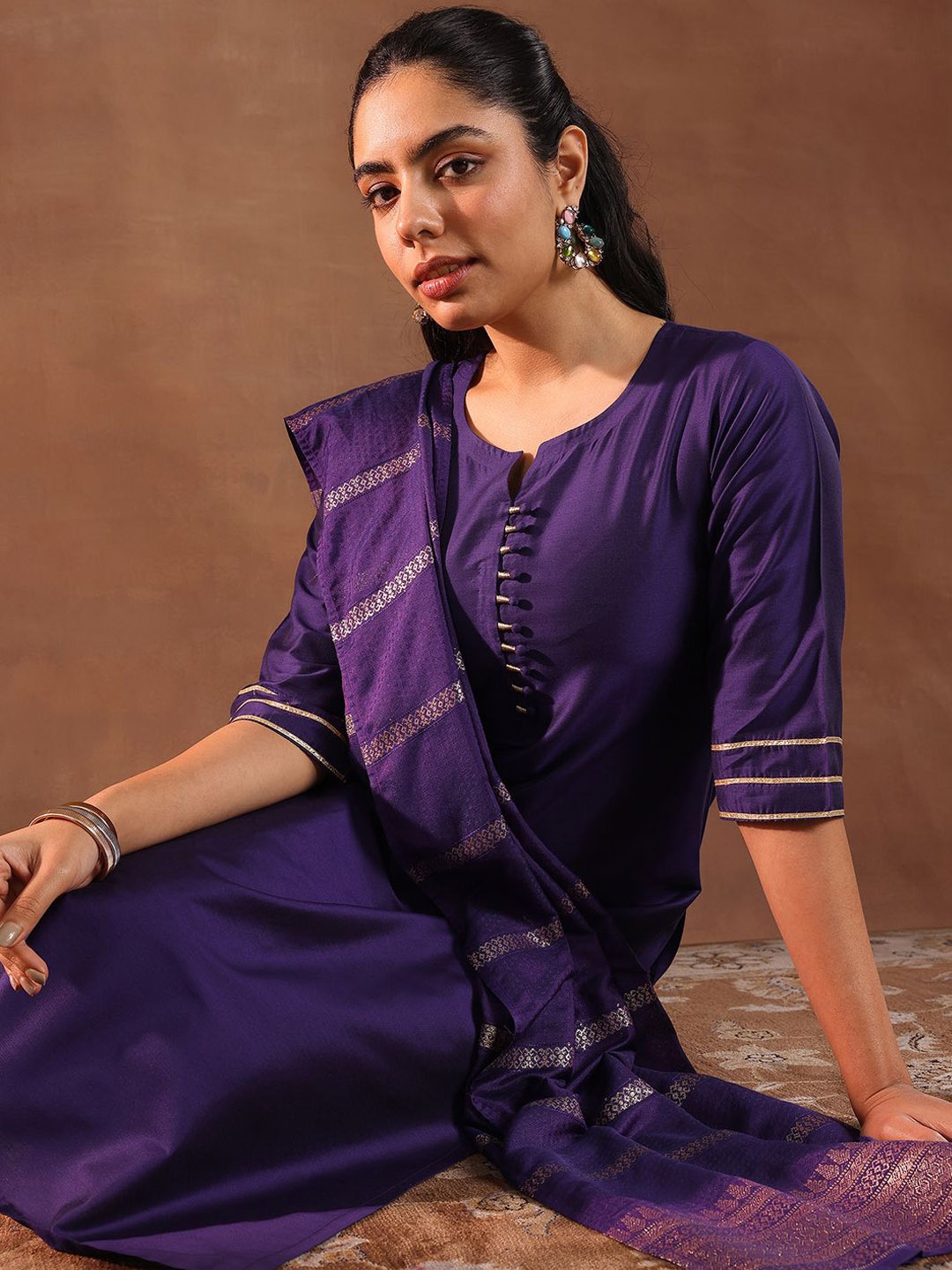 

Libas Round Neck Gotta Patti Straight Kurta With Trousers & Dupatta, Purple