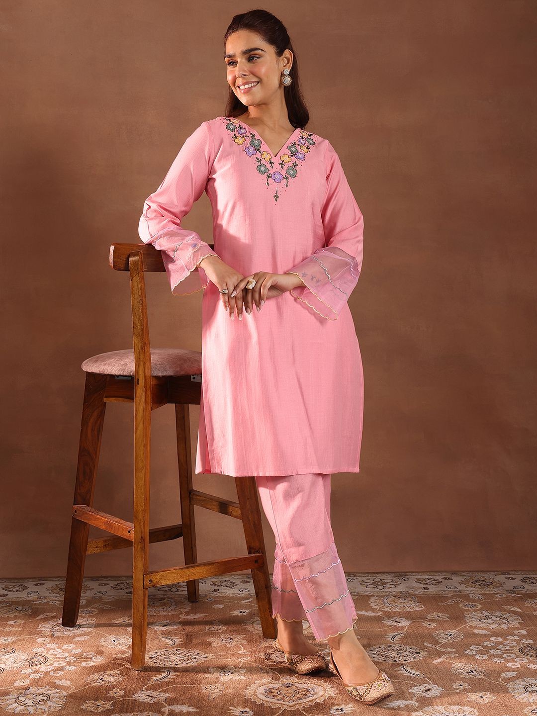 

Libas Floral Embroidered Beads Work Straight Kurta With Trousers & Dupatta, Pink