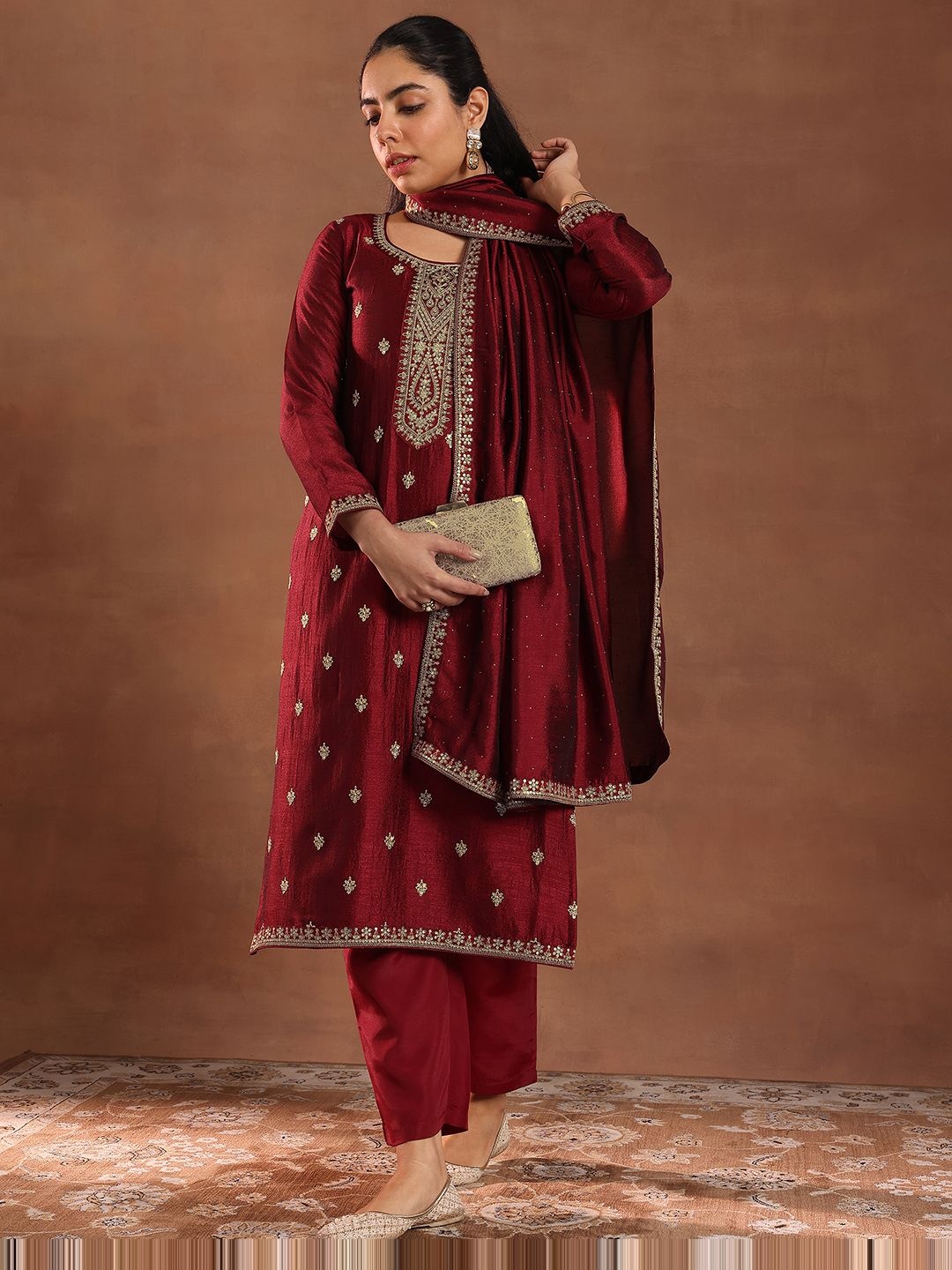 

Libas Ethnic Motifs Embroidered Sequinned Straight Kurta With Trousers & Dupatta, Maroon