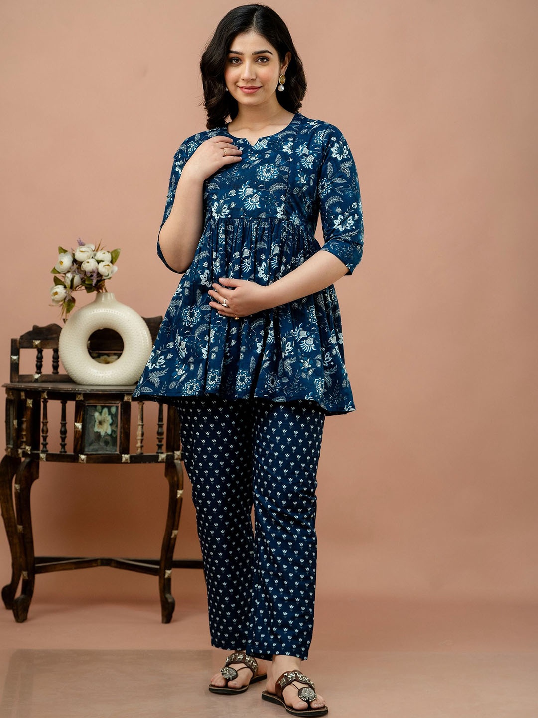 

KALINI Printed Round Neck Pure Cotton Tunic With Trouser, Blue