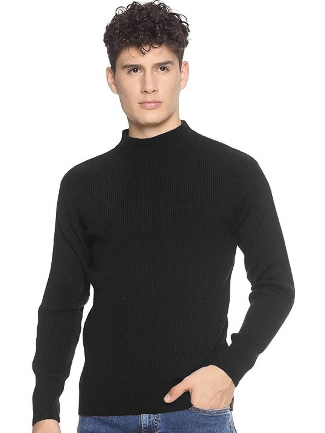 

CLAFOUTIS Men Ribbed Pullover High Neck Full Sleeve Sweater, Black