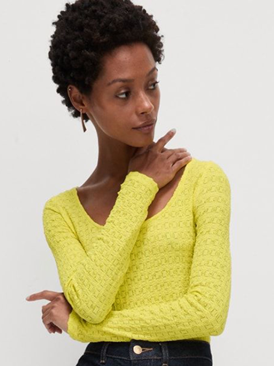 

Marks & Spencer Women Self Design Scoop Neck Casual T-shirt, Yellow