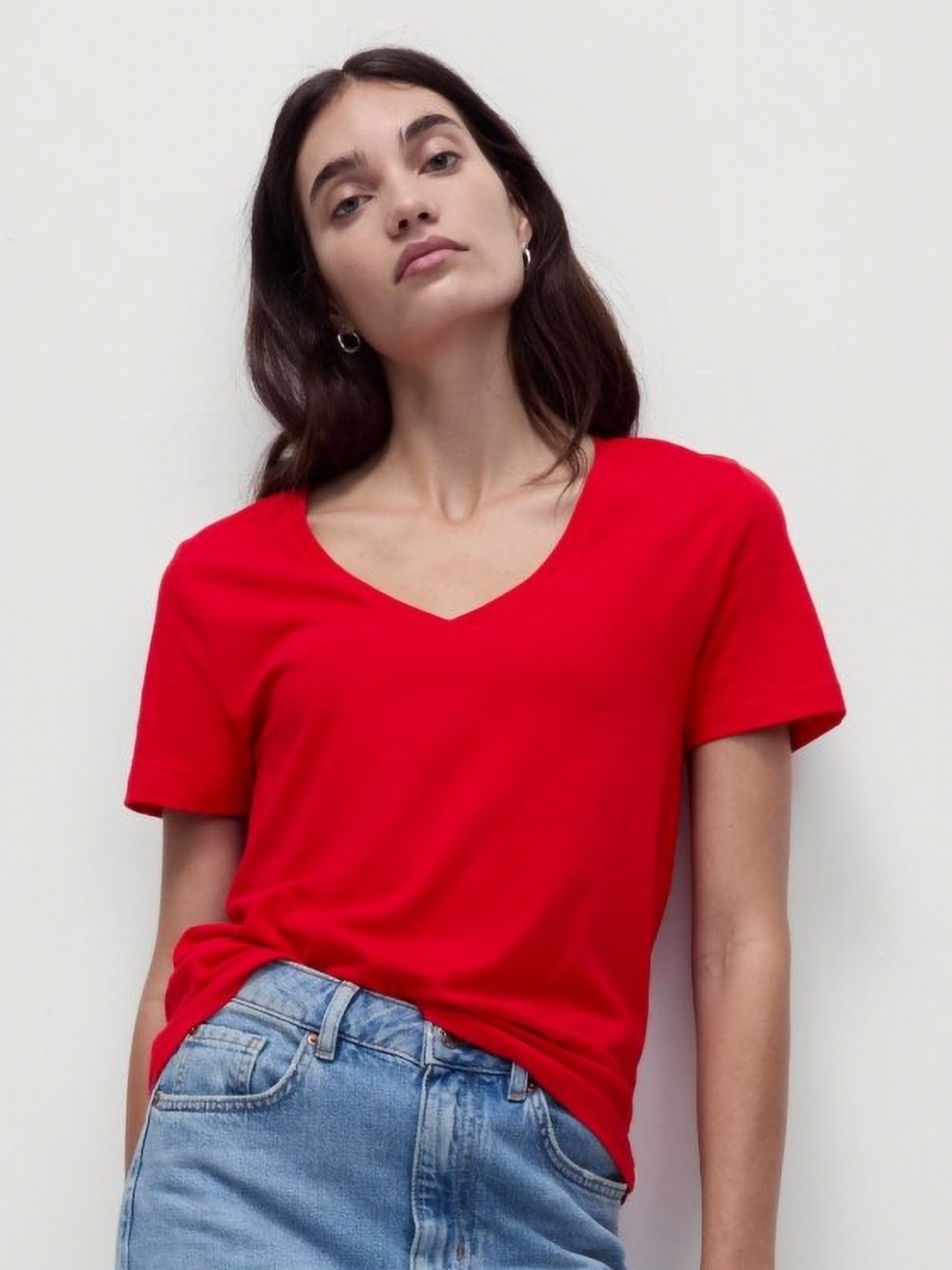 

Marks & Spencer Women Solid V-Neck Cotton T-shirt, Red