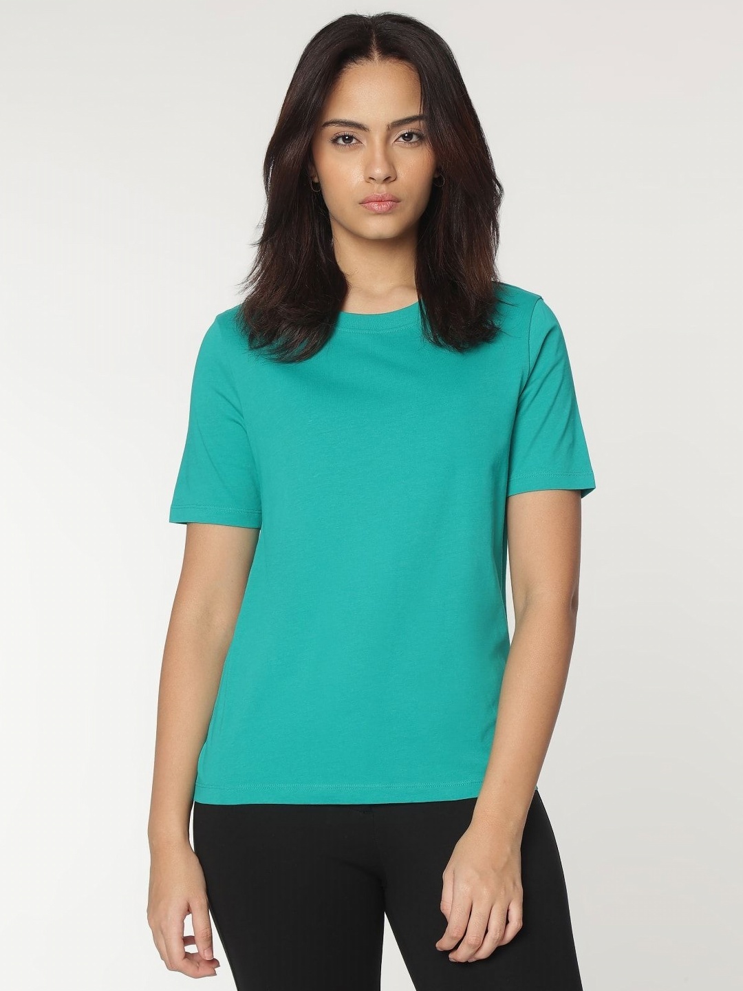 

Marks & Spencer Women Solid Round Neck Cotton T-shirt, Sea green