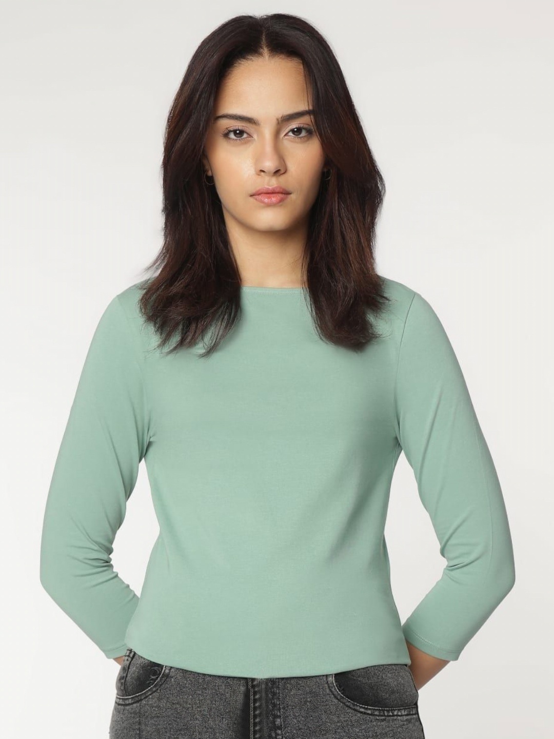 

Marks & Spencer Women Solid Boat Neck Cotton T-shirt, Green