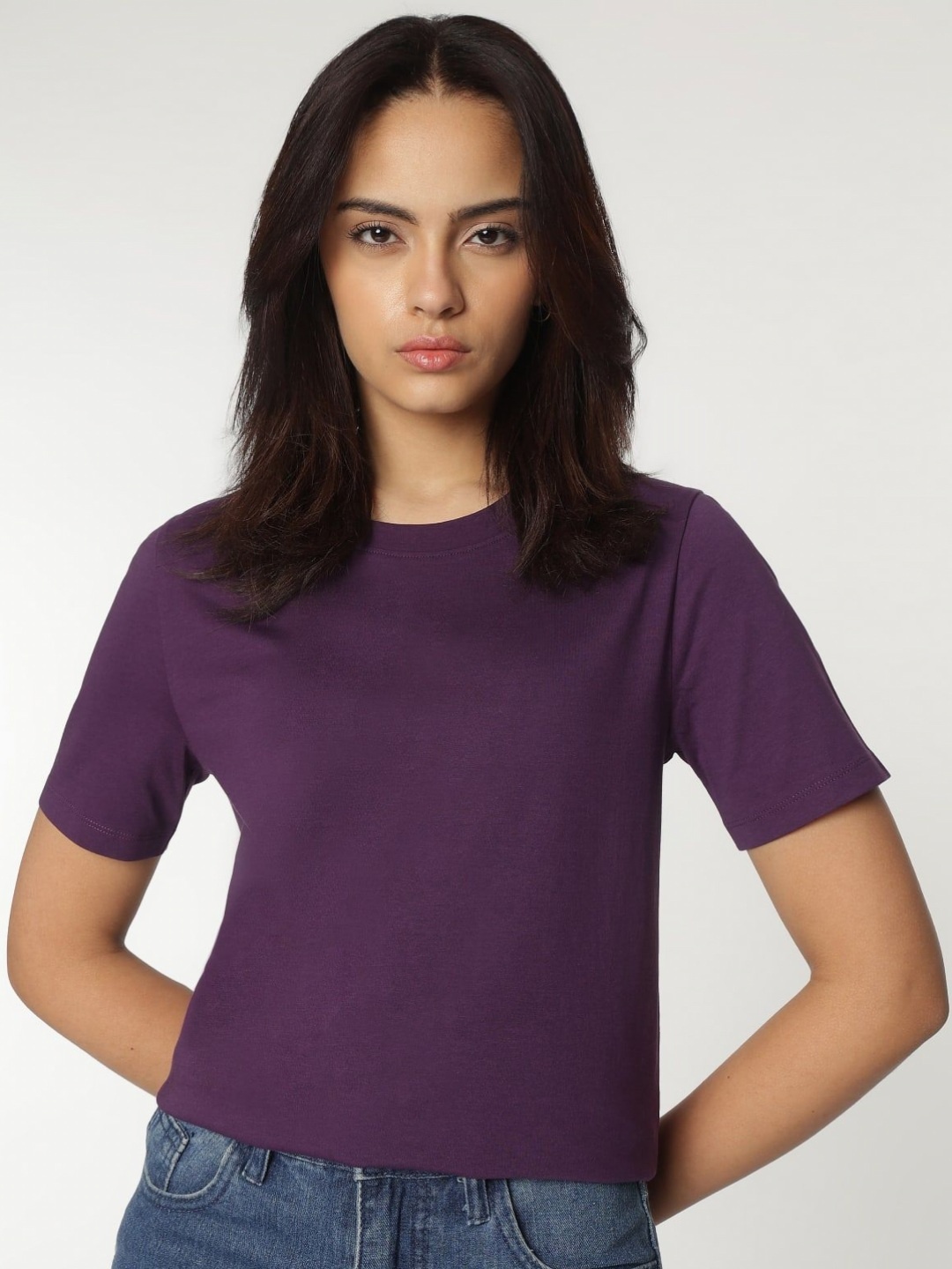 

Marks & Spencer Women Solid Round Neck Cotton T-shirt, Purple