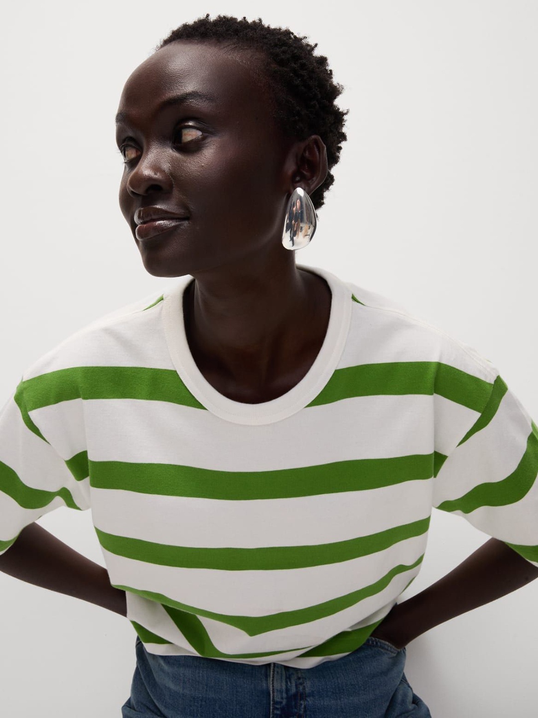 

Marks & Spencer Women Striped Round Neck Cotton Oversized T-shirt, White