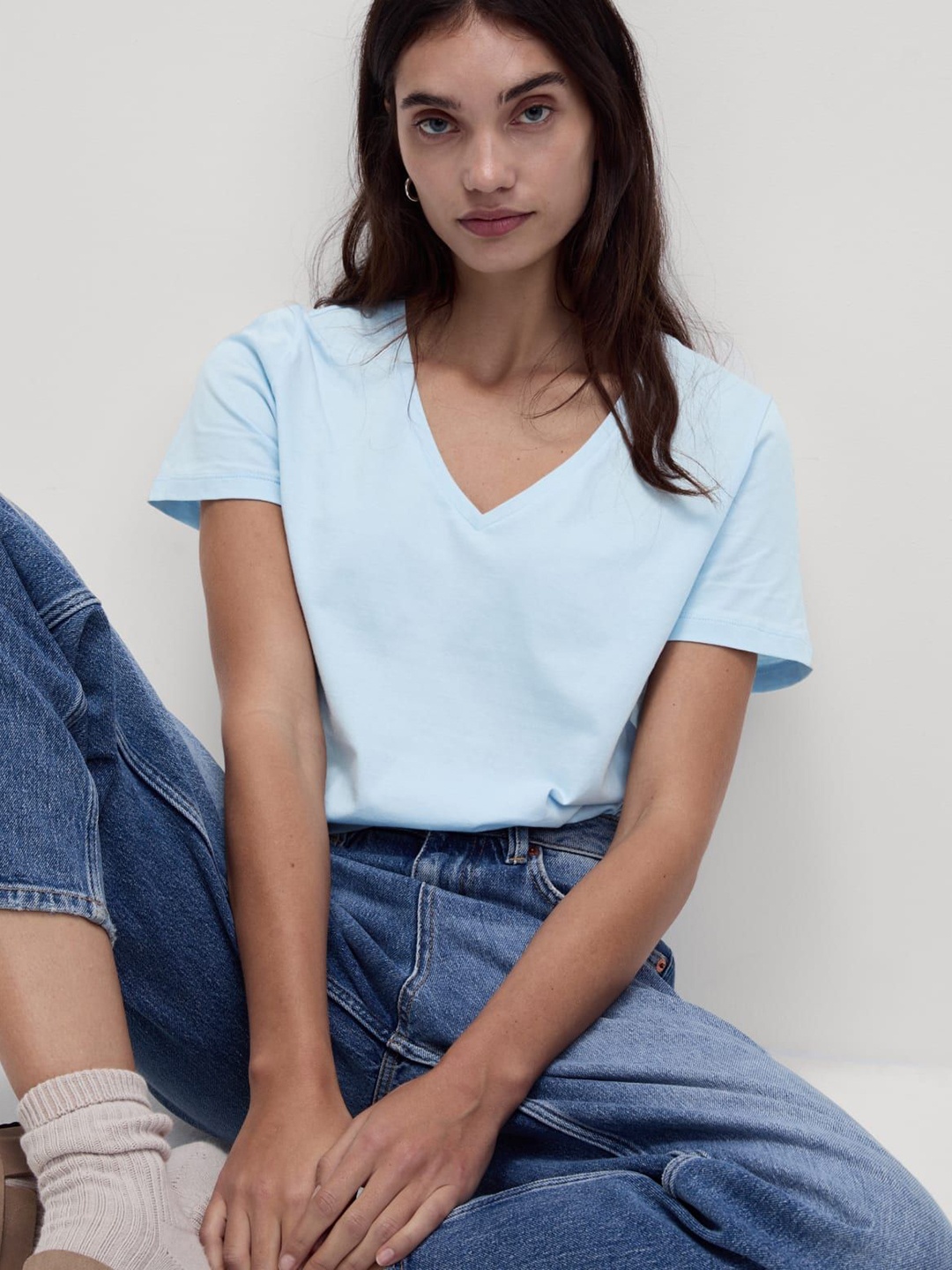 

Marks & Spencer Women Solid V-Neck Cotton Casual T-shirt, Blue
