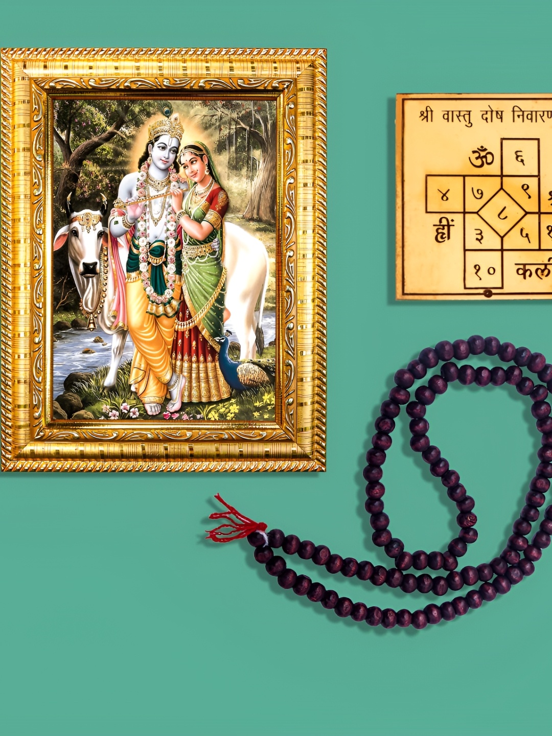 

Hawai Gold Toned Radahkrishna Wooden Photo Frame With 108 Beads Mala & Ashtadhatu Vastu