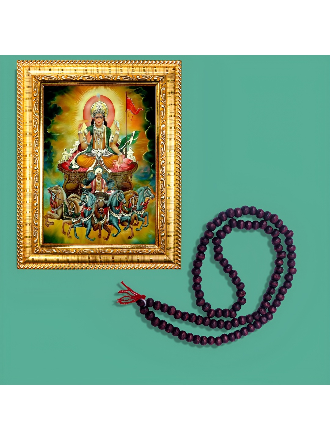

Hawai Gold Toned Lord Surya Wooden Photo Frame With 108 Beads Mala