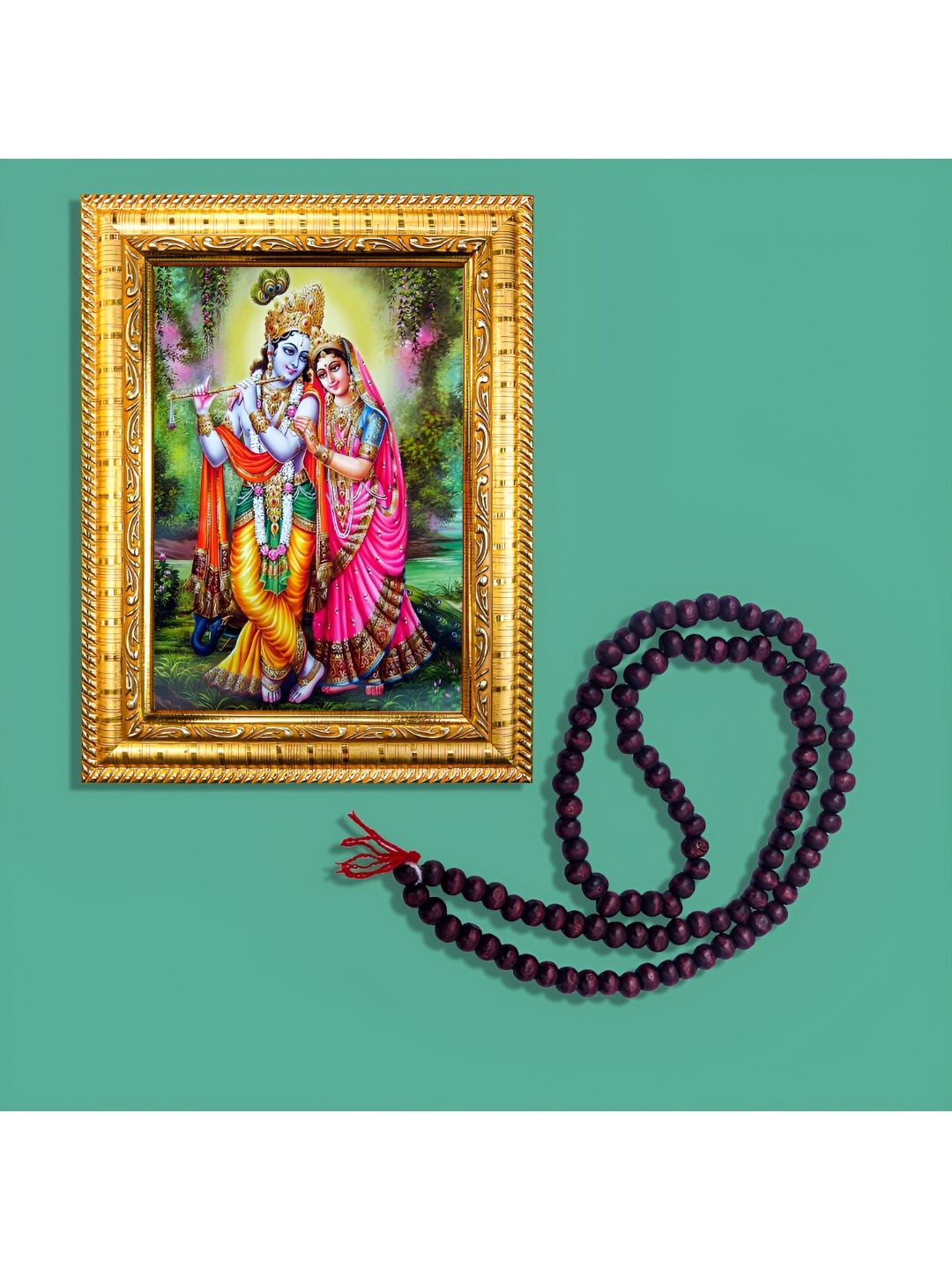 

Hawai Gold Toned & Red Lord Krishna Wooden Wall Photo Frame With 108 Beads Chandan
