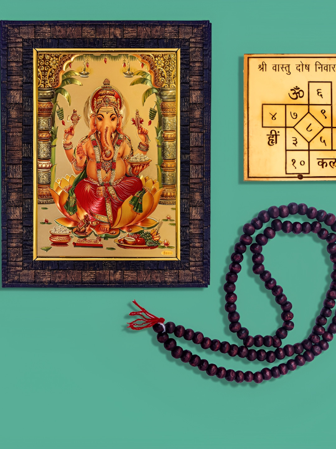 

Hawai Gold Toned Lord Ganesha Wooden Photo Frame with Mala & Yantra