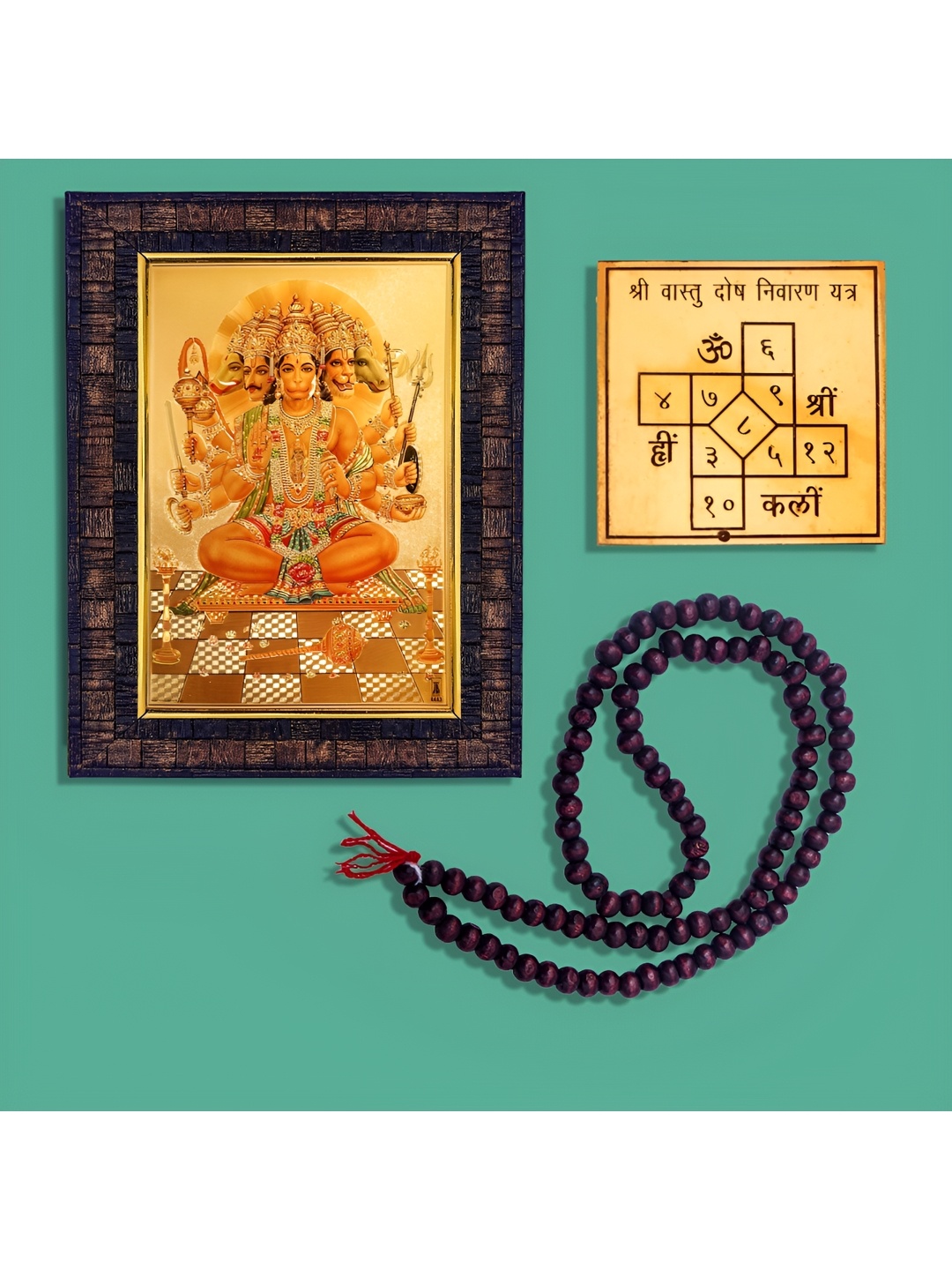 

Hawai Gold Toned & Brown Panchmukhi Hanuman Wooden Photo Frame with Mala & Yantra