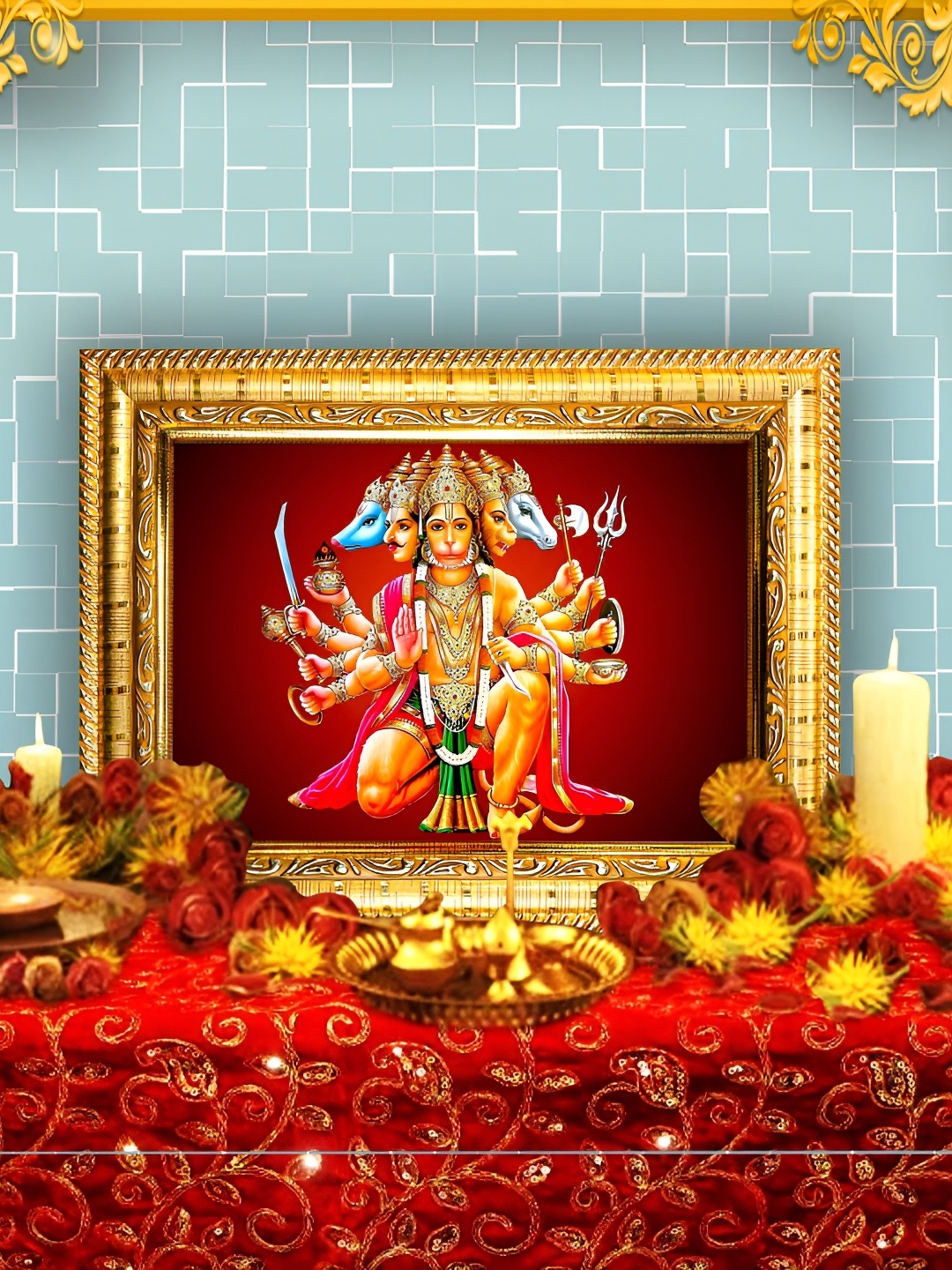 

Hawai Gold-Toned Panchmukhi Hanuman Bajrangbali Wall Photo Frame