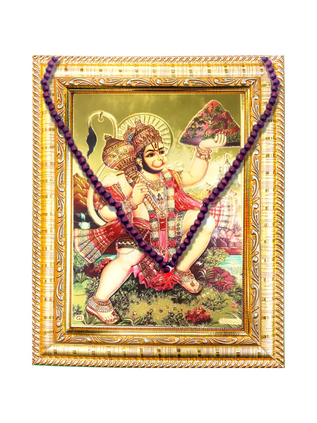 

Hawai Gold-Toned & Brown Hanuman Bajrang Bali Wooden Wall Photo Frame With 108 Beads Mala