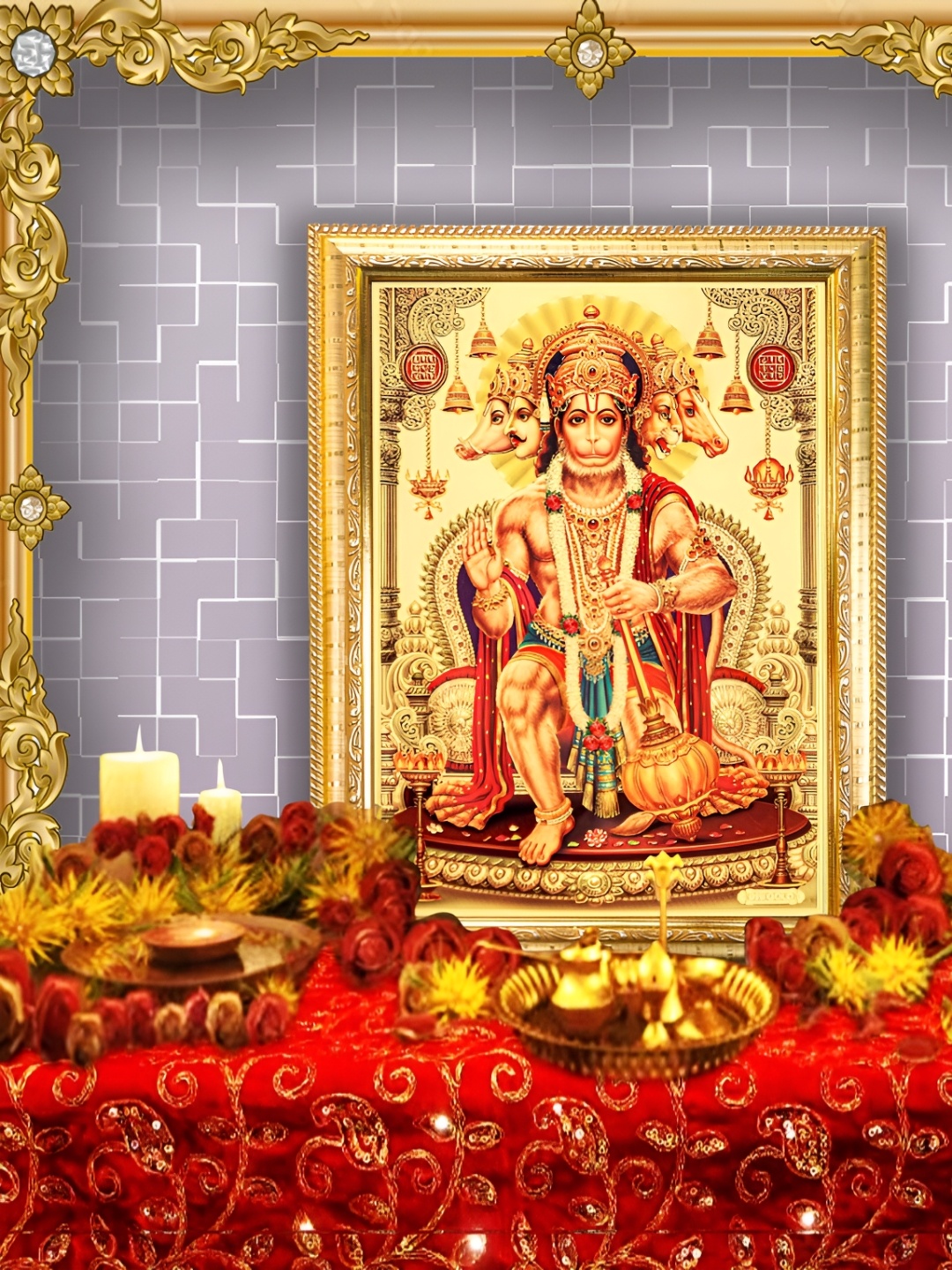 

Hawai Gold-Toned & Red Lord Panchmukhi Hanuman Wooden Wall Photo Frame