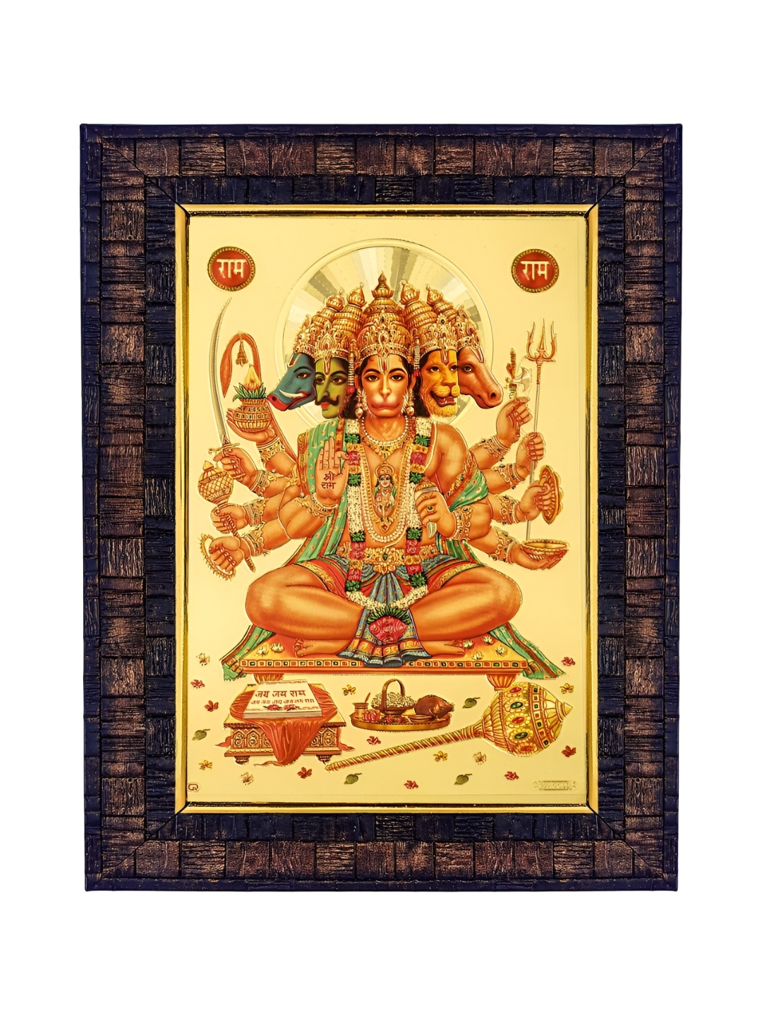 

Hawai Gold-Toned Gold-Plated Panchmukhi Hanuman Bajrang Bali Wooden Wall Photo Frame
