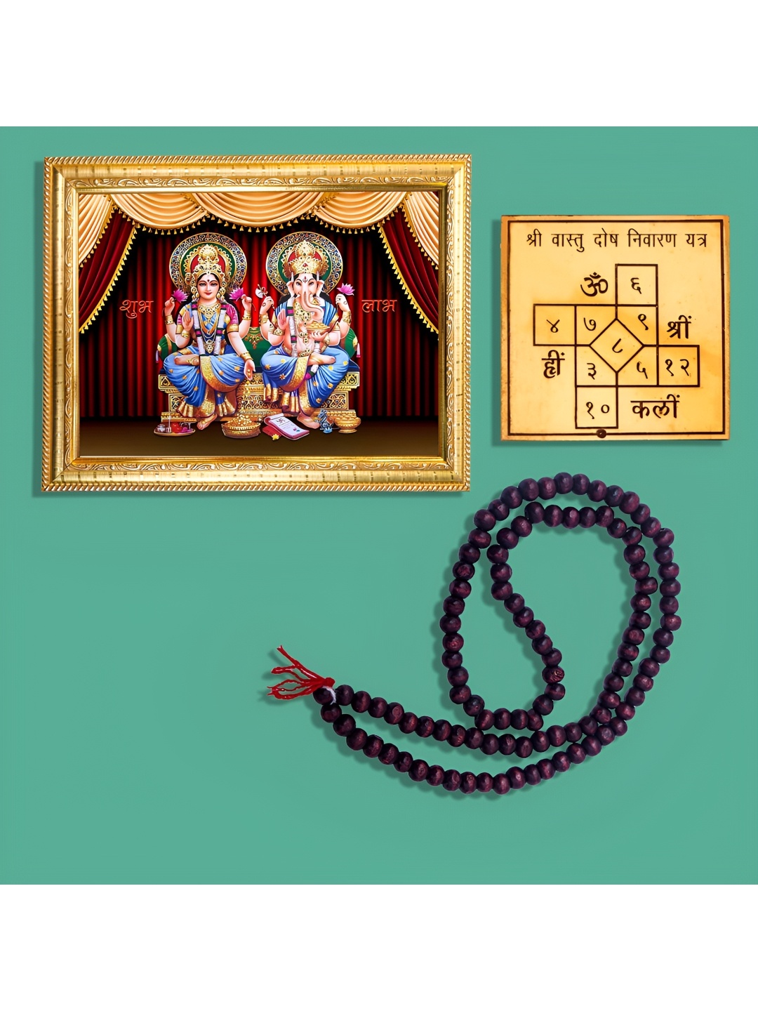 

Hawai Gold-Toned & Brown Ganesh Lakshmi Wooden Wall Photo Frame With Mala & Yantra