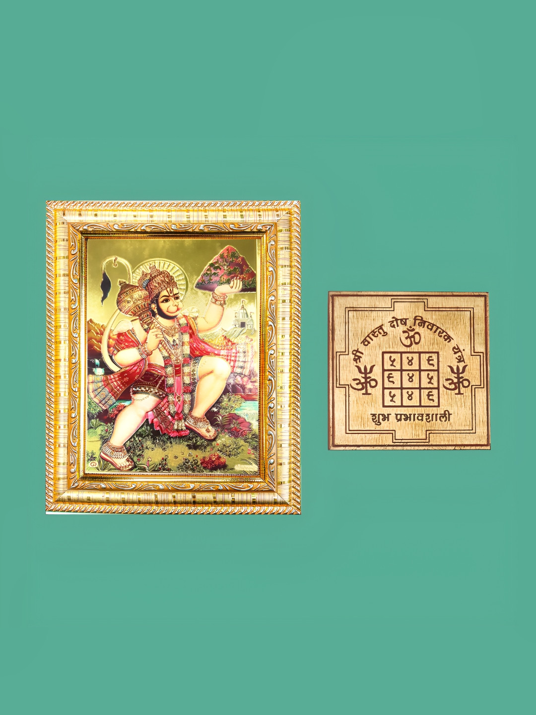 

Hawai Gold-Toned and Red Hanuman Bajrang Bali Wooden Fashion Photo Frame with Yantra