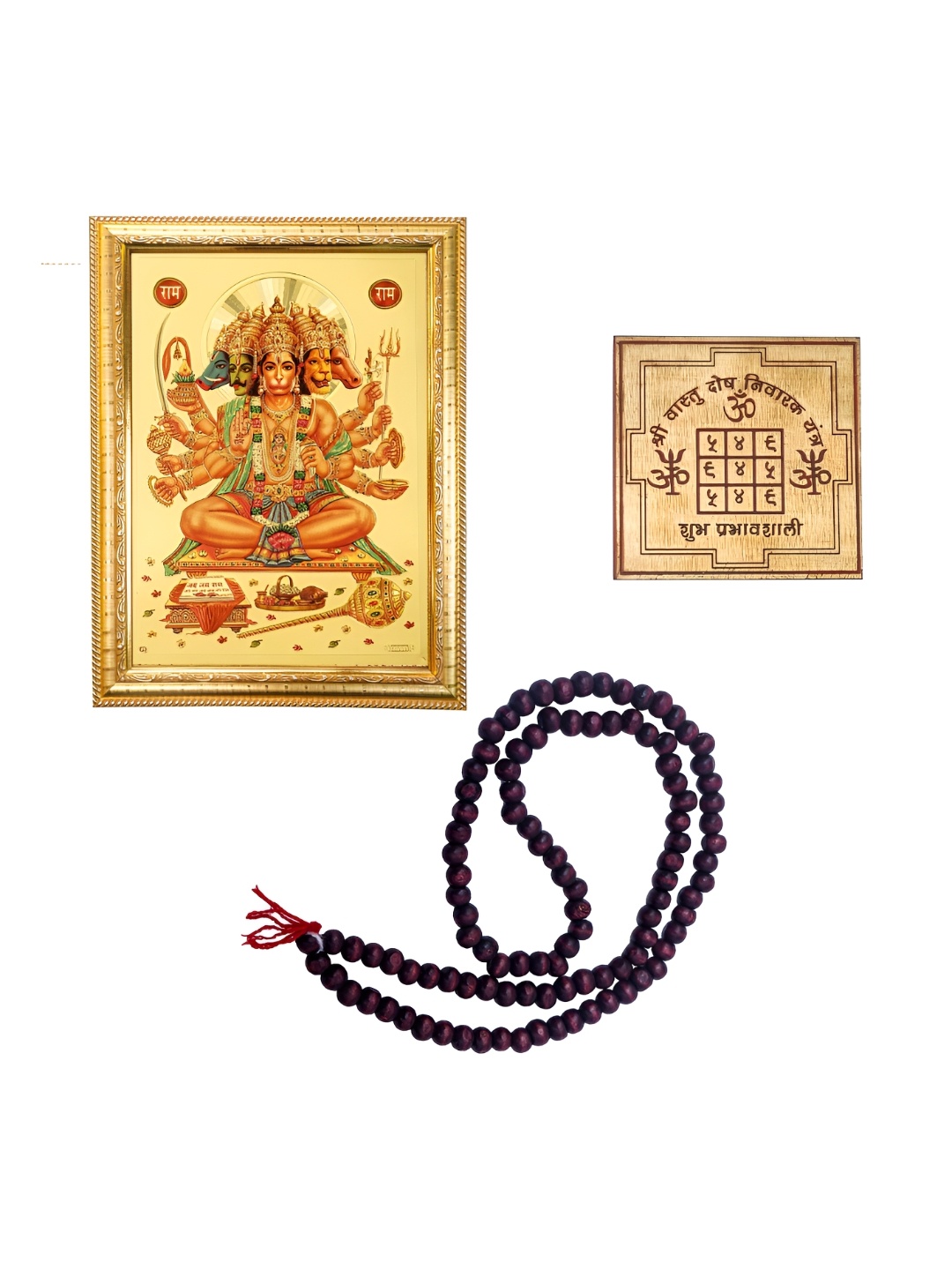 

Hawai Gold Toned & Yellow 3 Pieces Wooden Photo Frame & Chandan Mala With Ashtadhatu