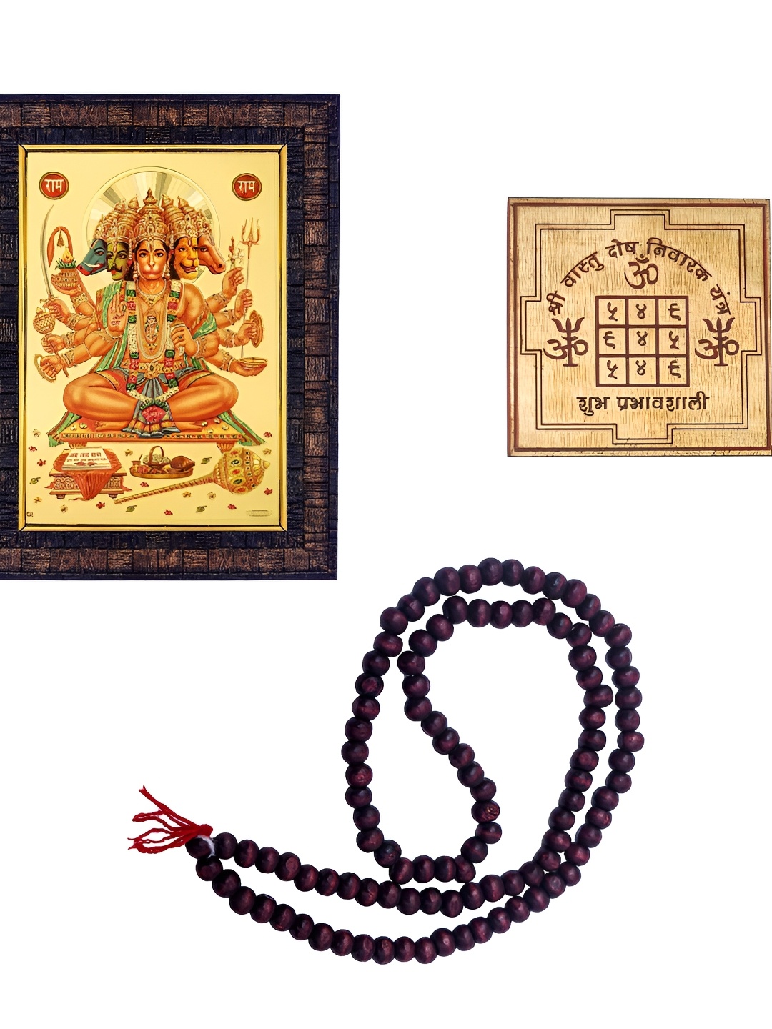 

Hawai Gold Toned & Brown Panchmukhi Hanuman Wooden Photo Frame with Yantra & Mala