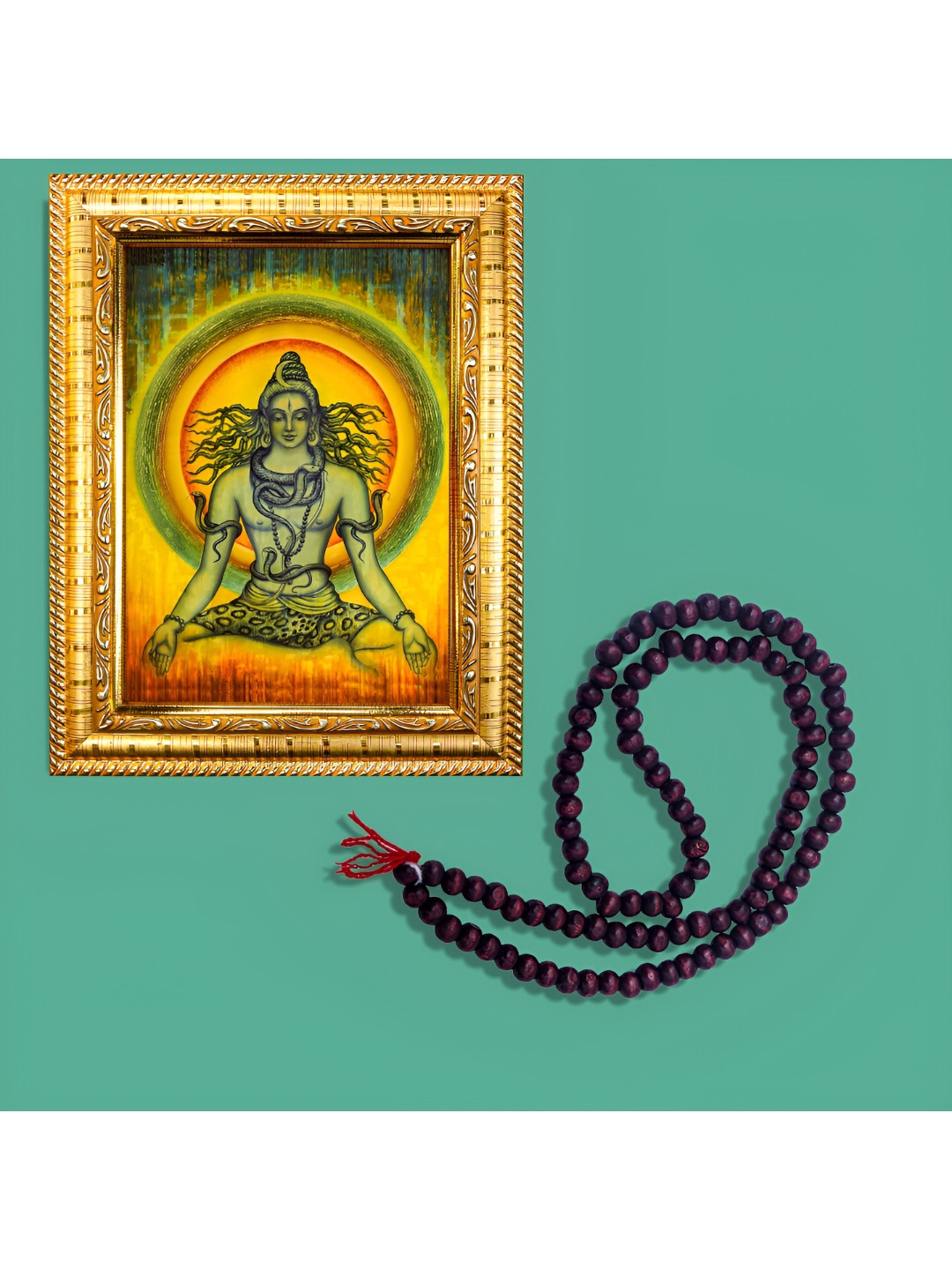 

Hawai Gold-Toned and Green Lord Shiva Wooden Wall Photo Frame with Mala