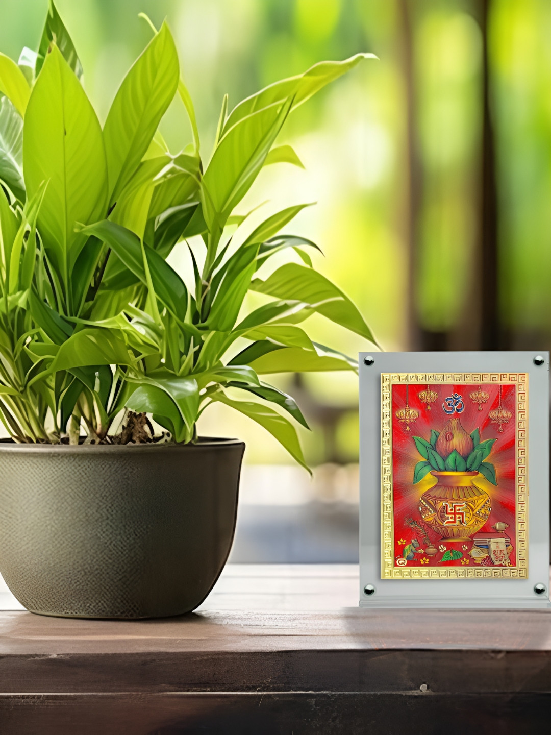 

Hawai Gold-Toned & Red Subh Swastik Kalash Acrylic Table Photo Frame