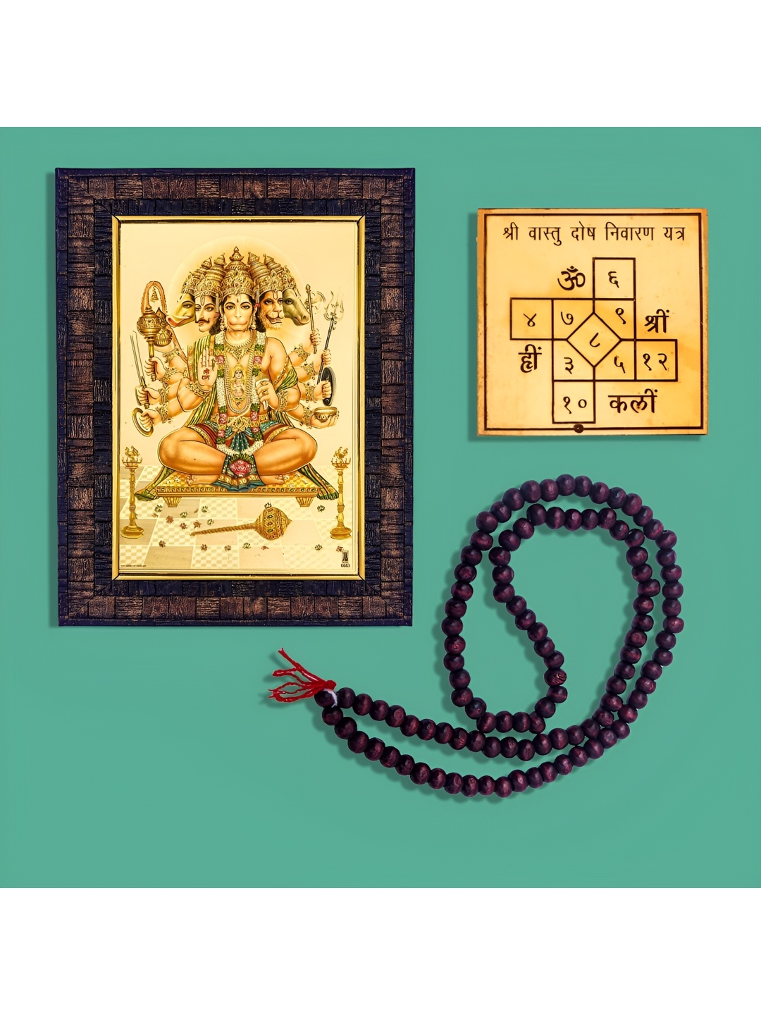 

Hawai Gold-Toned Hanuman Bajrang Bali Wooden Wall Photo Frame with Yantra & Mala