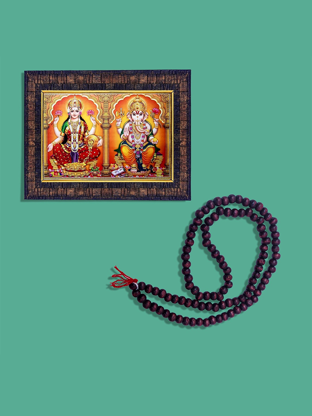 

Hawai Ganesh Lakshmi Frame With 108 Beads Red Chandan Mala, Multi