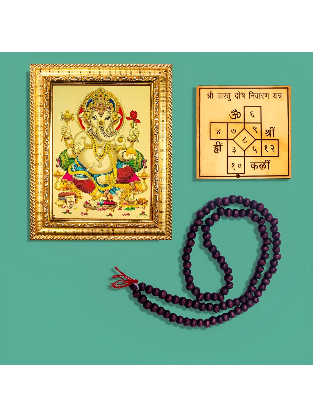 

Hawai Gold-Toned & Brown Ganesha Ganpati Wooden Wall Photo Frame With Mala & Yantra
