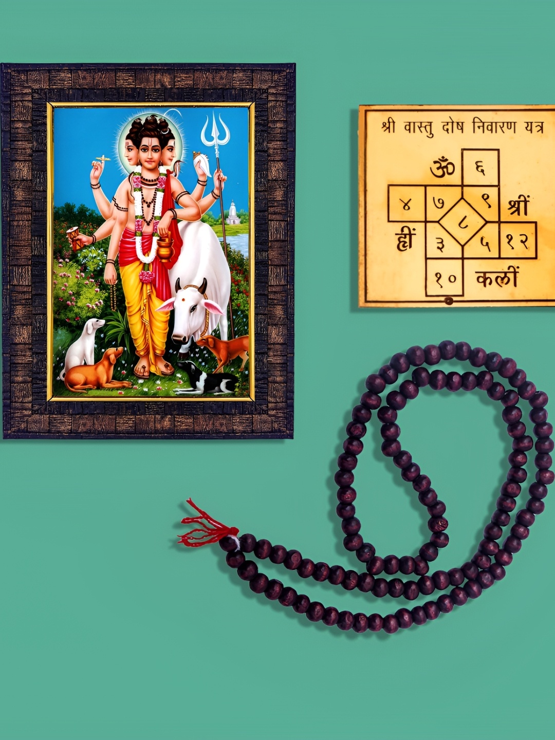 

Hawai Blue and Green Shree Narayan Wooden Wall Photo Frame with Yantra and Mala