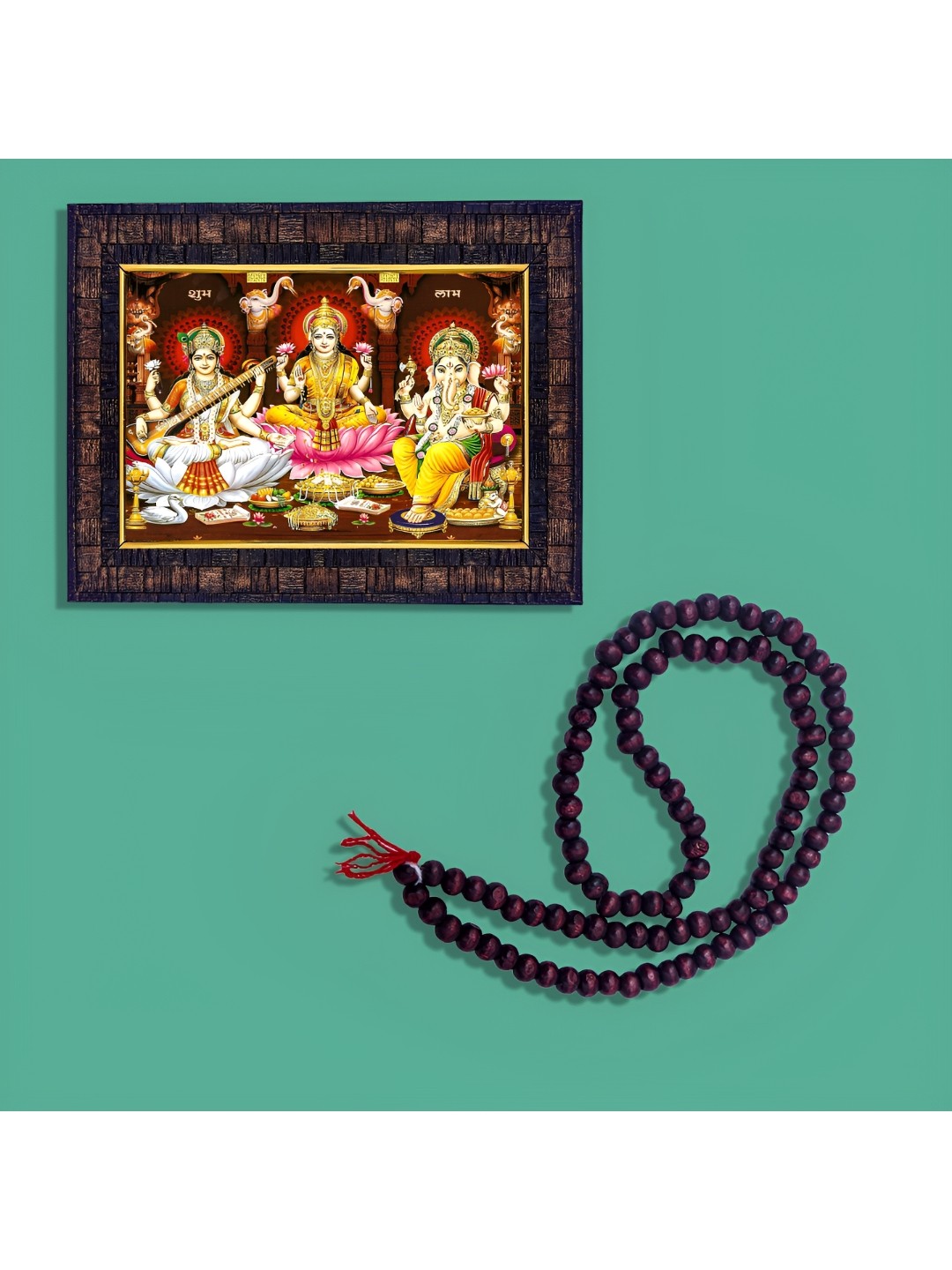 

Hawai Yellow & Black Ganesh Lakshmi Saraswati With 108 Beads Mala Wooden Photo Frame