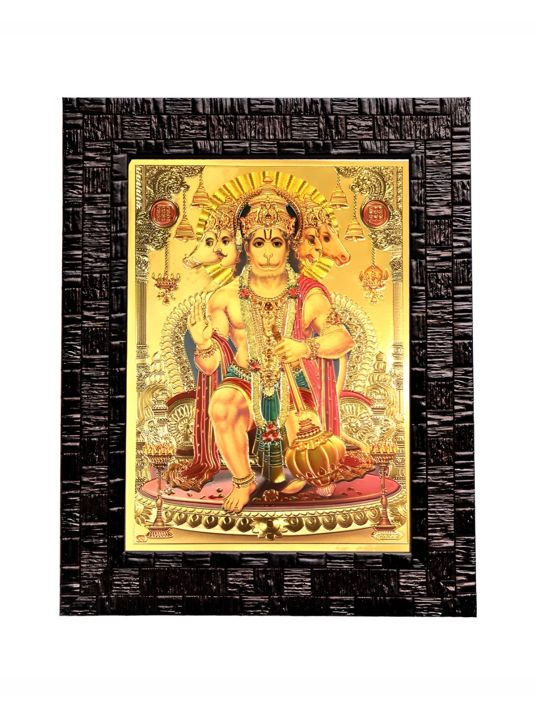 

Hawai Gold-Toned & Brown Panchmukhi Hanuman Bajrang Bali Wooden Wall Photo Frame With Mala