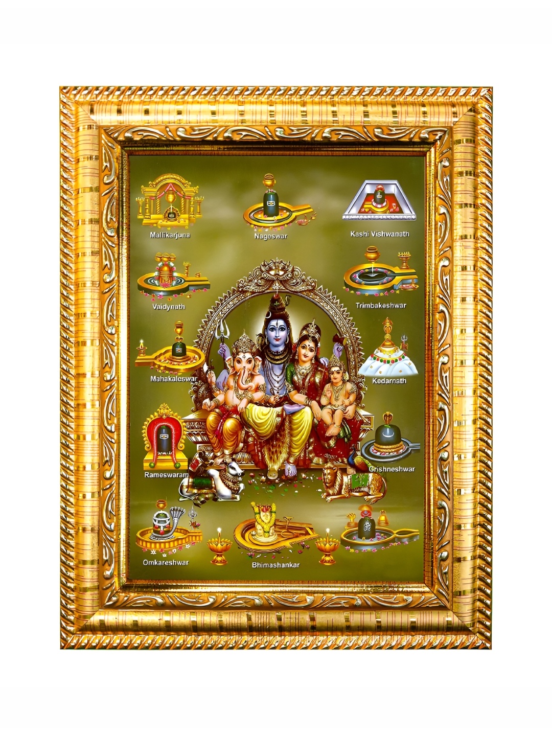 

Hawai Gold-Toned and Maroon Lord Shiva Parivar 12 Jyotirlinga Wooden Wall Photo Frame