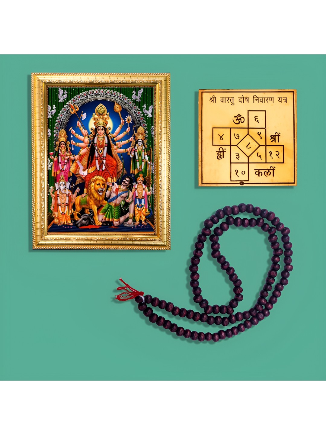 

Hawai Gold Toned Goddess Durga Wooden Wall Photo Frame & Vasthu Yantra And Chandan Mala