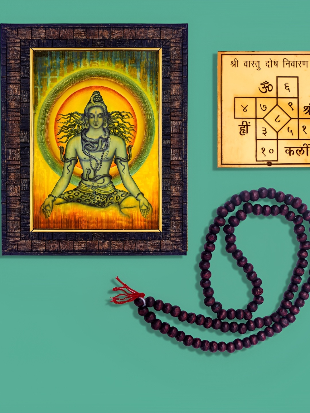 

Hawai Gold-Toned & Brown Lord Shiva Wooden Wall Photo Frame With Mala & Yantra
