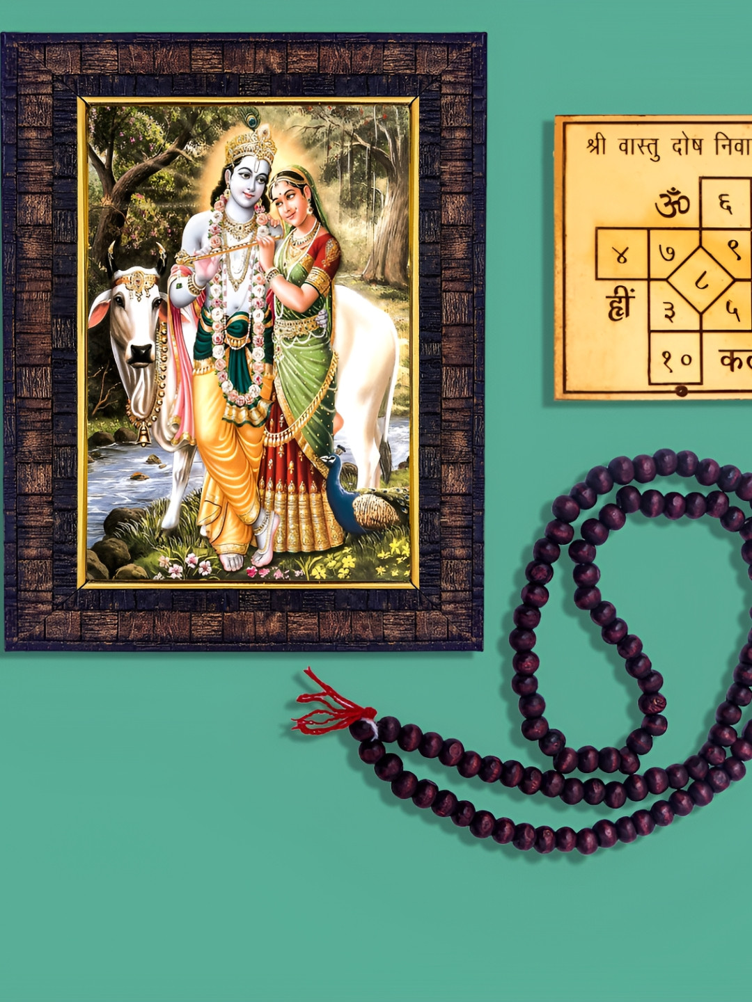 

Hawai Brown and White Radha Krishna Wooden Wall Photo Frame with Mala and Yantra
