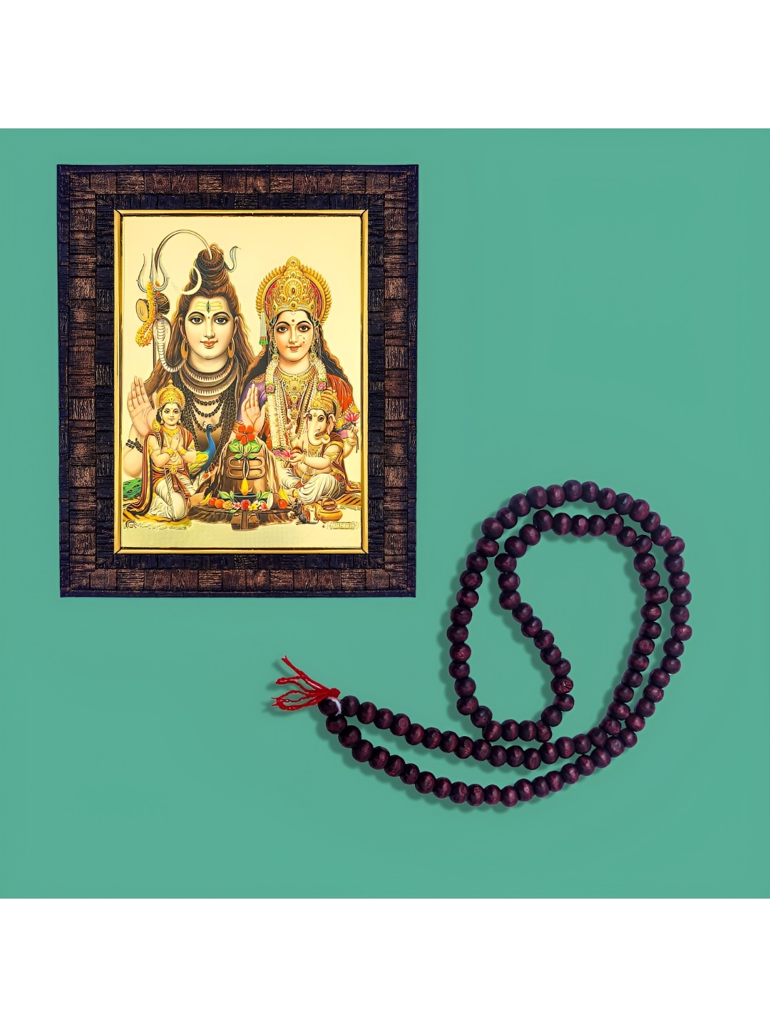 

Hawai Gold Toned Wooden Lord Shiva Parivar Photo Frame With Mala