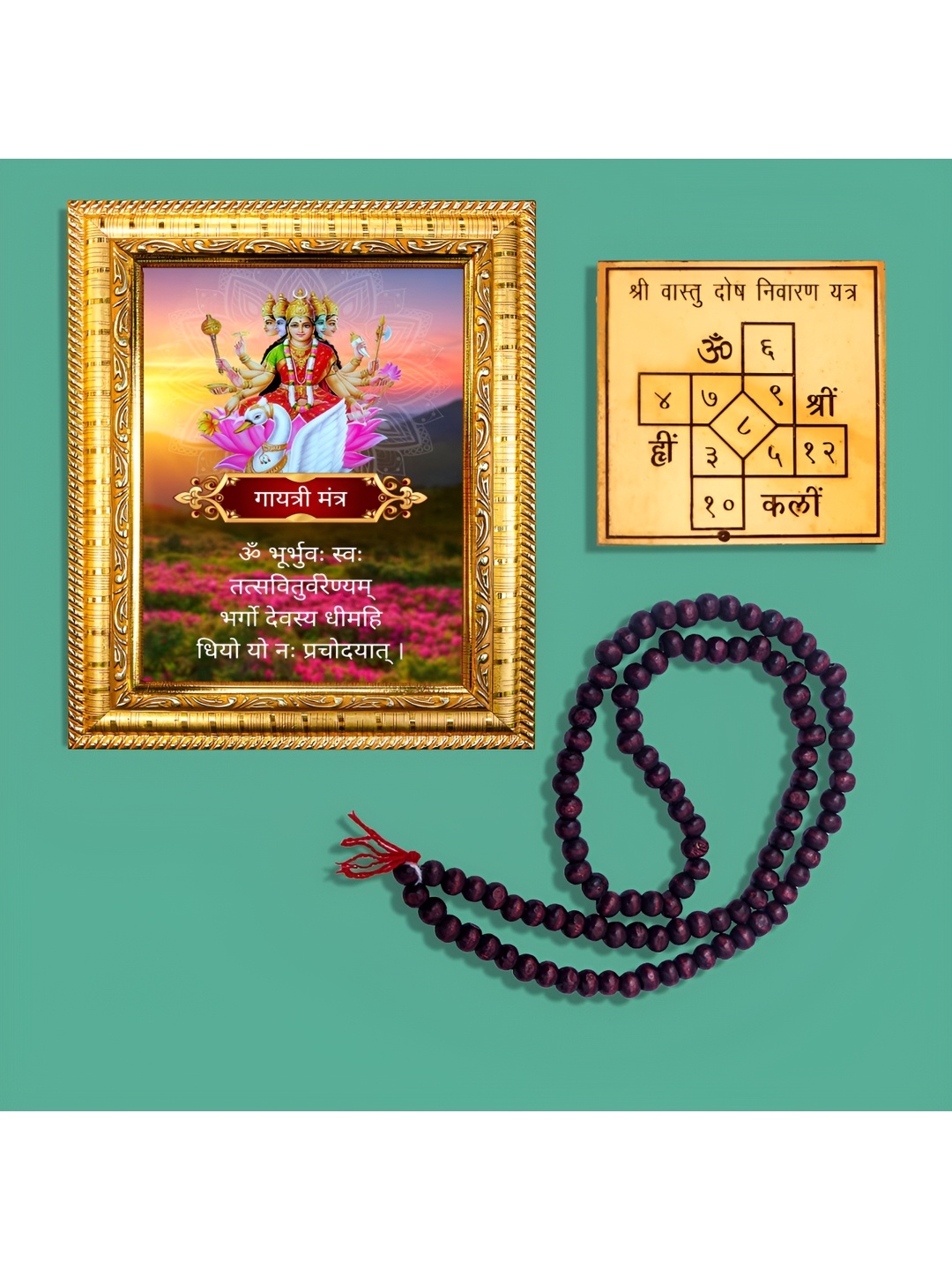 

Hawai Gold Toned Lord Laxmi Wooden Photo Frame With 108 Beads Mala Ashtadhatu Vastu