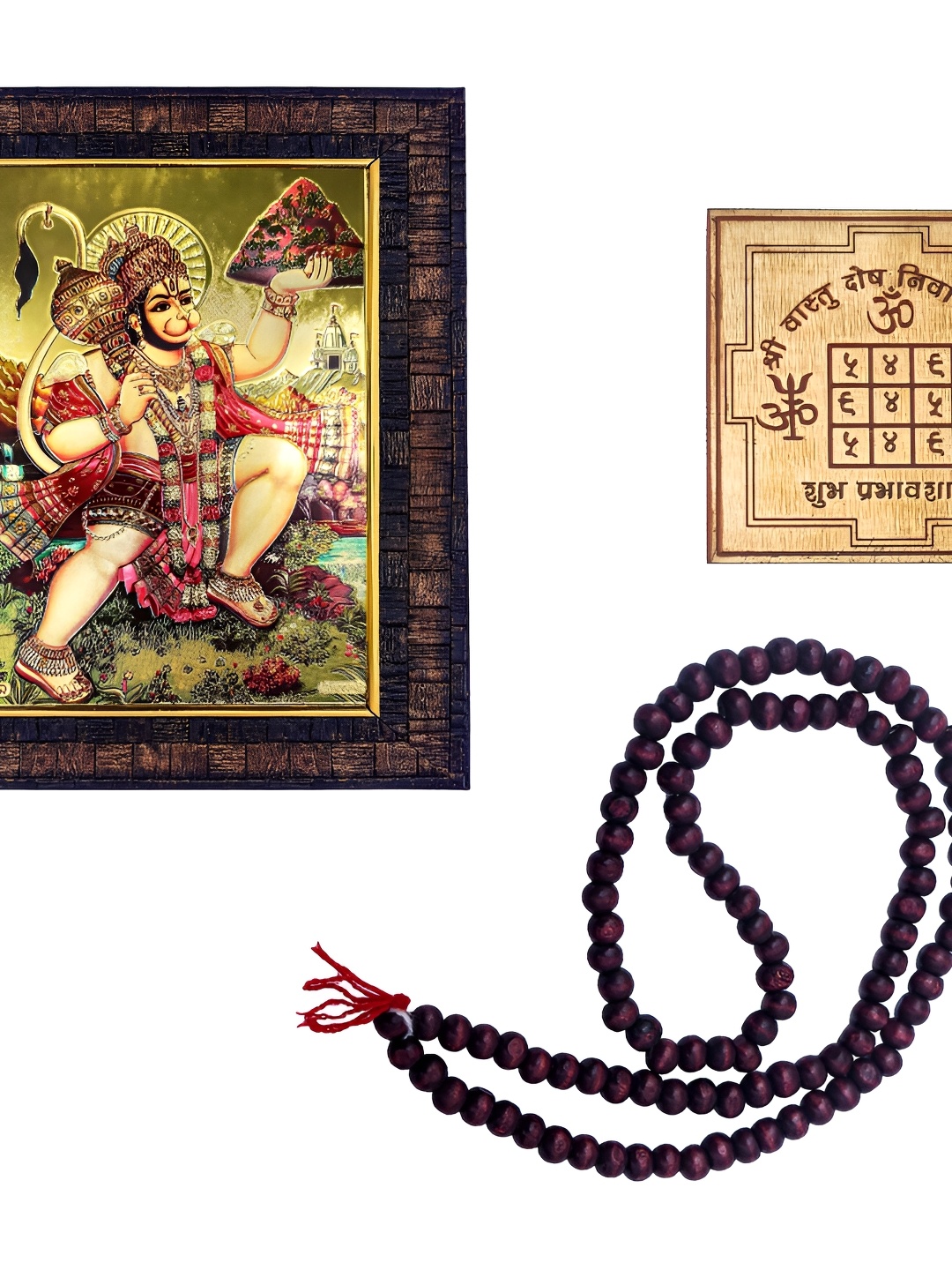 

Hawai Gold-Toned & Brown Hanuman Bajrang Bali Wooden Wall Photo Frame With Mala & Yantra