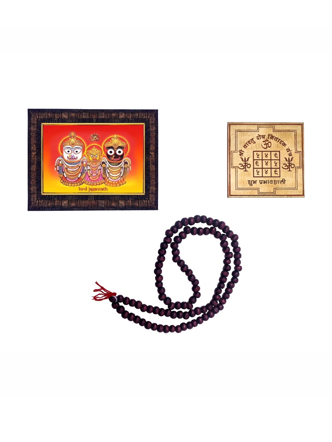 

Hawai Yellow and Red Lord Jagannath Wooden Wall Photo Frames with Mala & Yantra