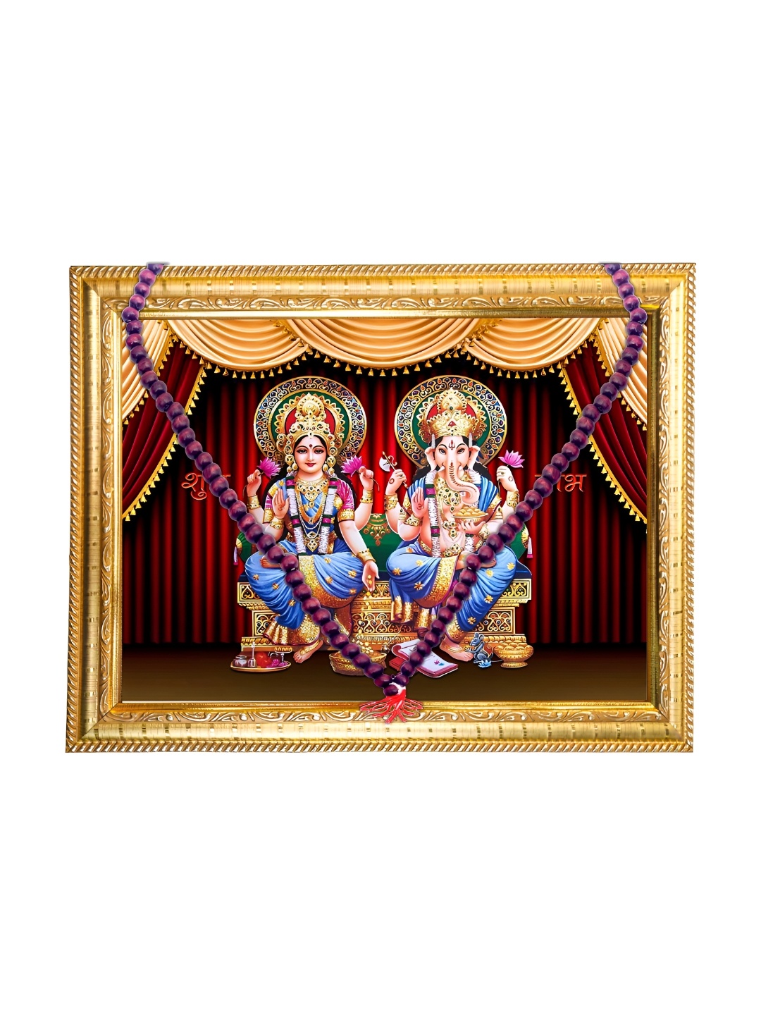 

Hawai Gold-Toned and Maroon Ganesh Lakshmi Wooden Wall Photo Frame with Mala