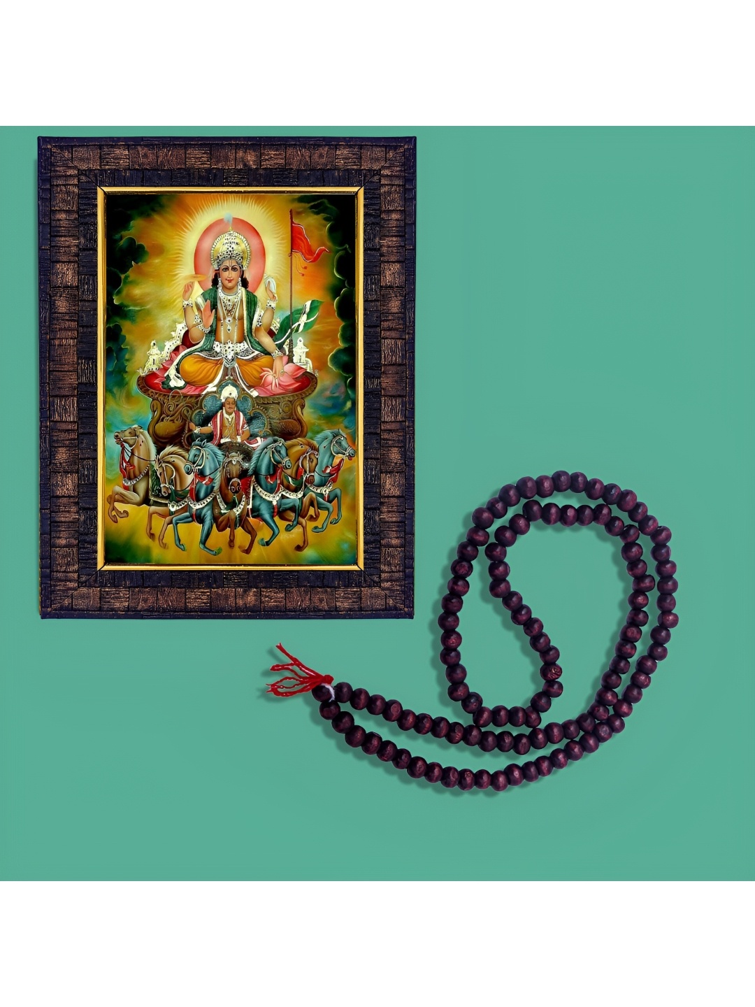 

Hawai Black Lord Surya Wooden Wall Photo Frame With 108 Beads Red Chandan Mala