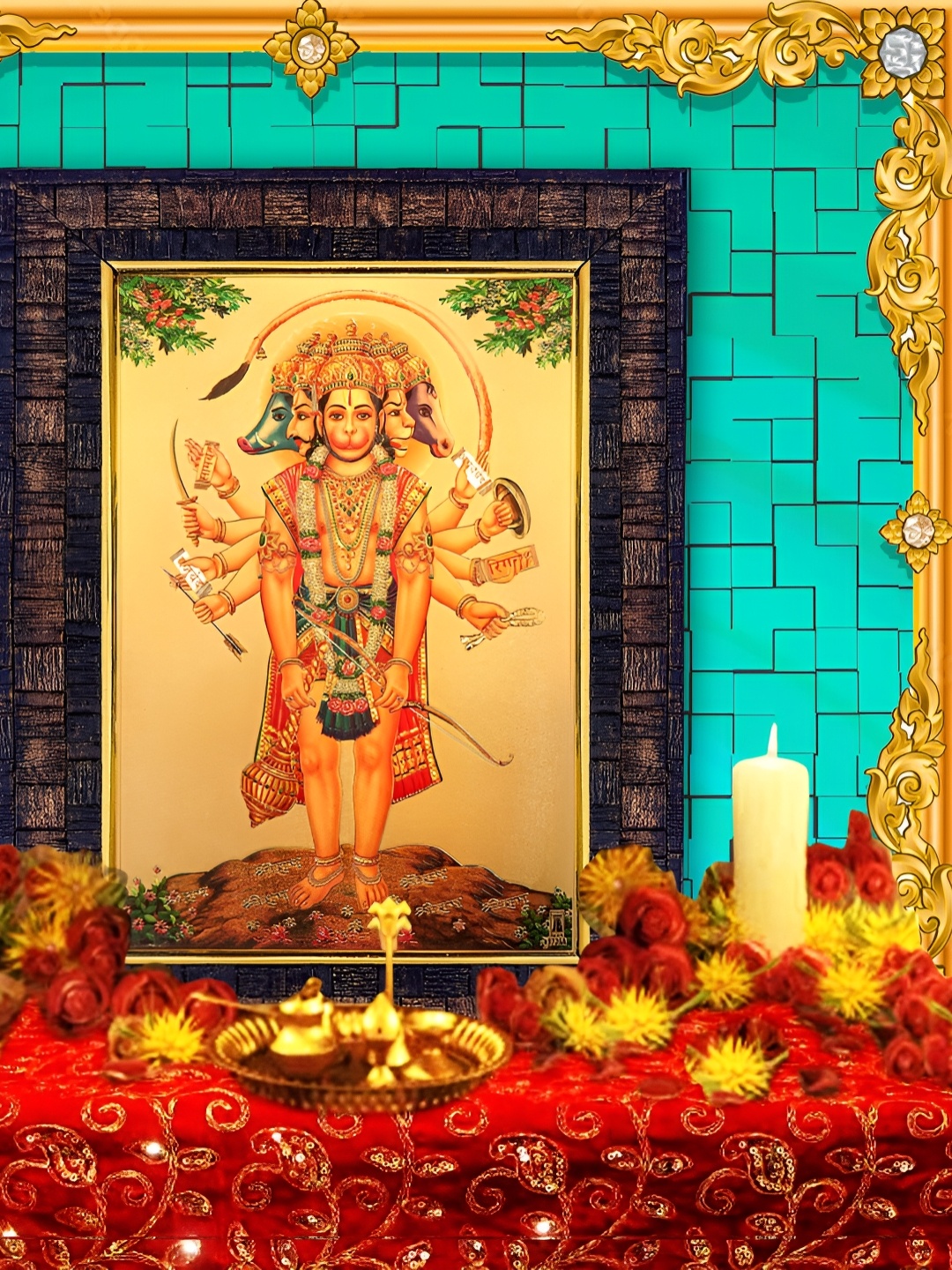 

Hawai Gold-Toned & Brown Shree Panchmukhi Hanuman Ji Bajrang Bali Wooden Wall Photo Frame