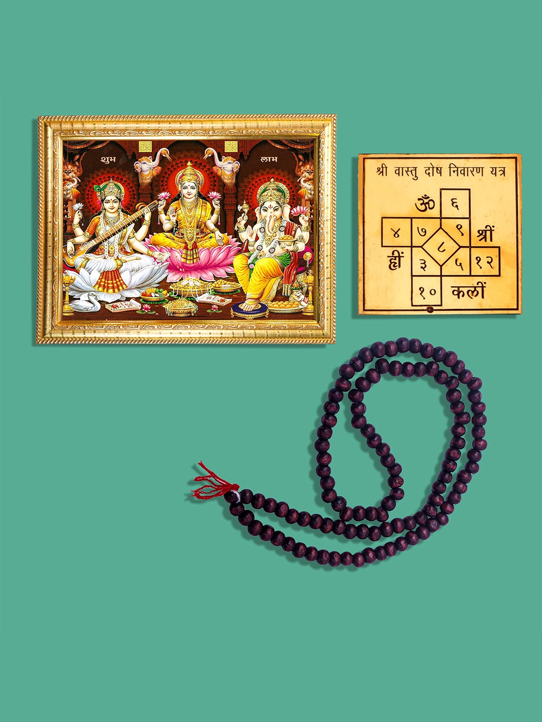 

Hawai Gold-Toned Ganesh Lakshmi Saraswati Photo frame With 108 Beads Mala & Yantra