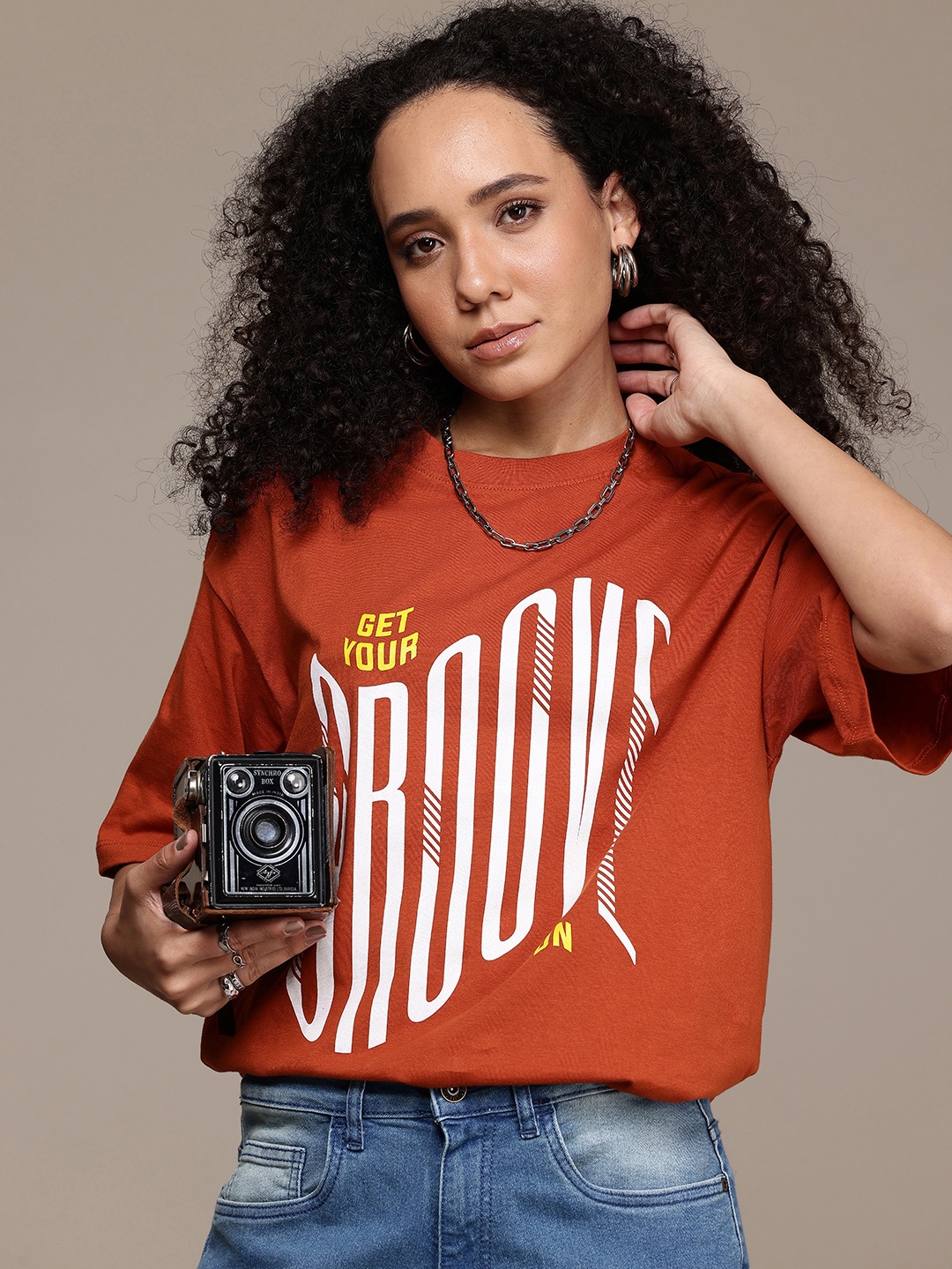 

The Roadster Life Co. Oversized Typography Printed Pure Cotton T-shirt, Rust