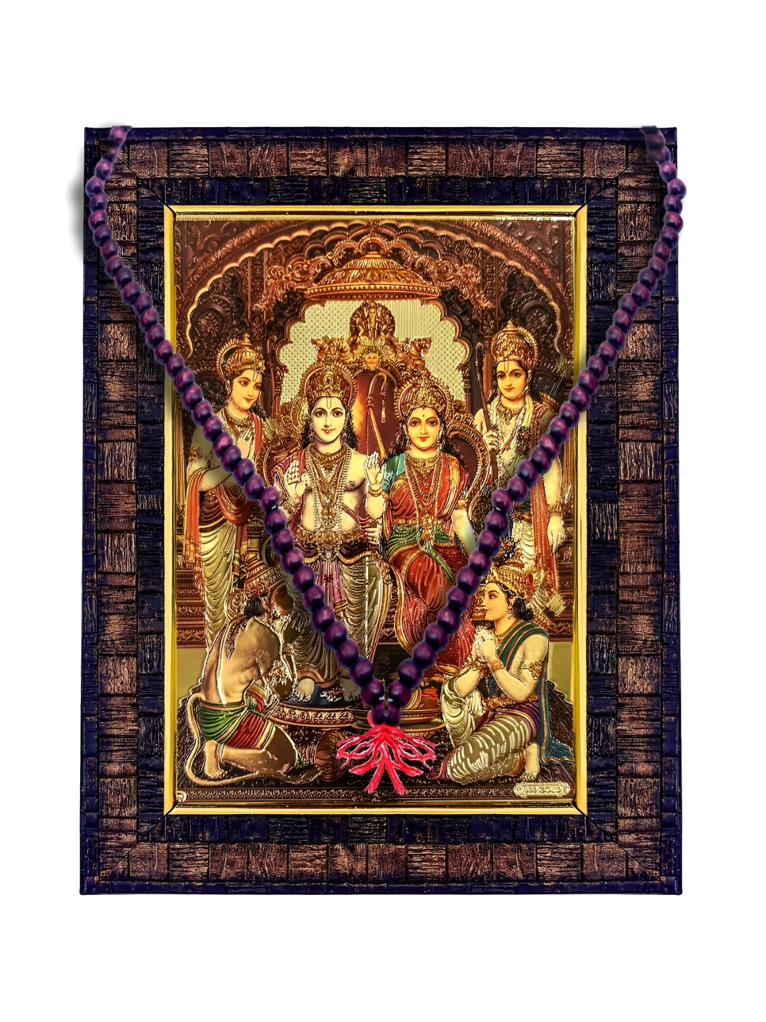

Hawai Yellow Ram Darbar Photo With 108 Beads Mala Wooden Photo Frame