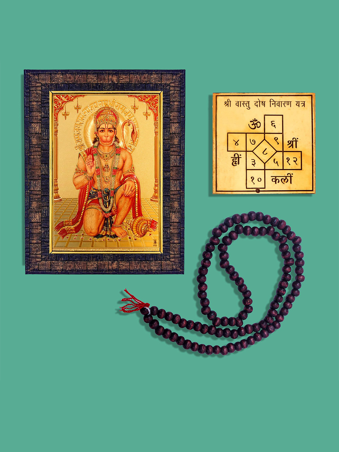 

Hawai Gold Toned Hanuman Wooden Photo Frame & 108 Beads Mala Ashtadhatu Vastu