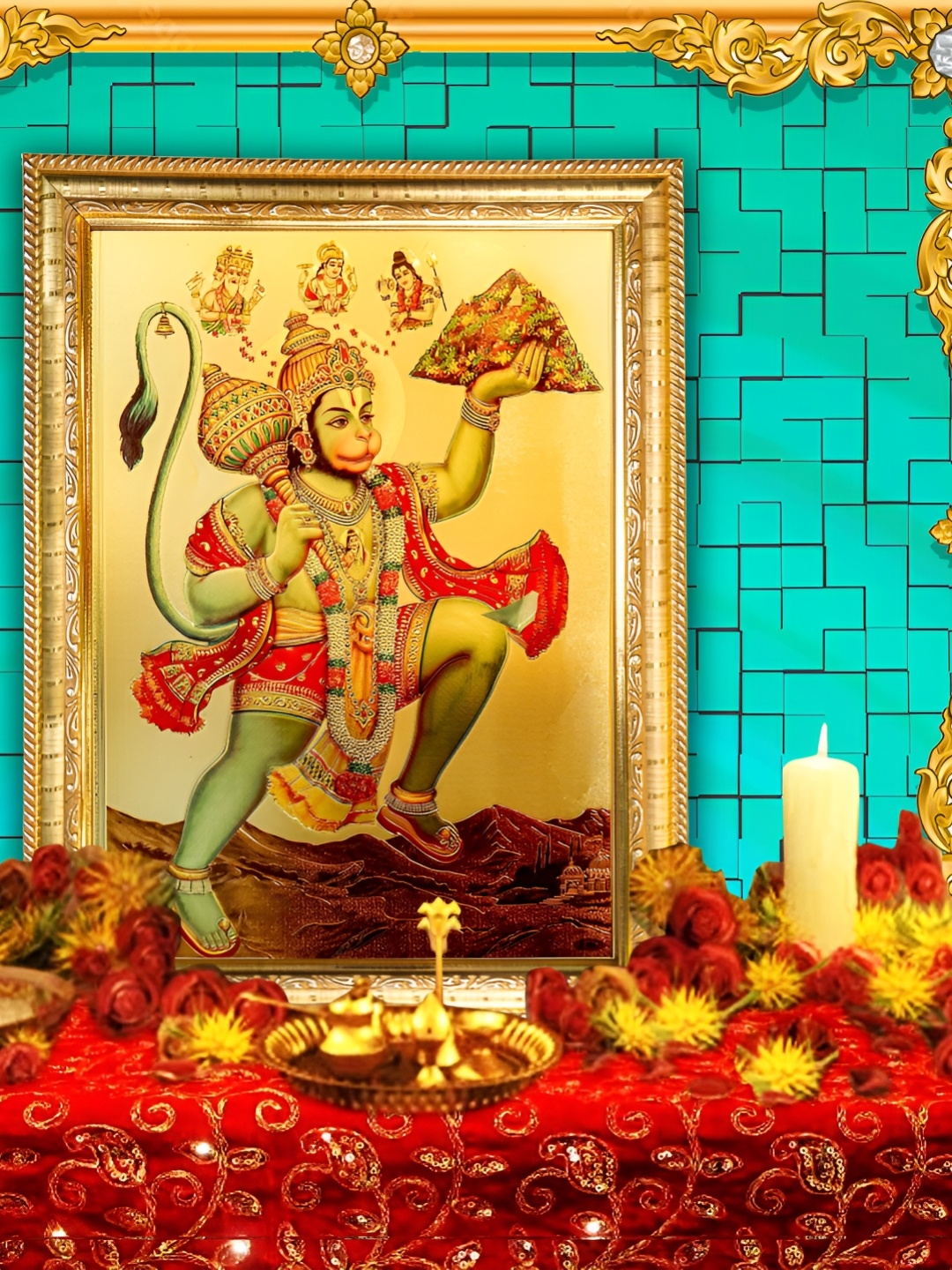 

Hawai Gold-Toned Shree Hanuman Bajrang Bali With Sanjeevani Mountain Wooden Photo Frame