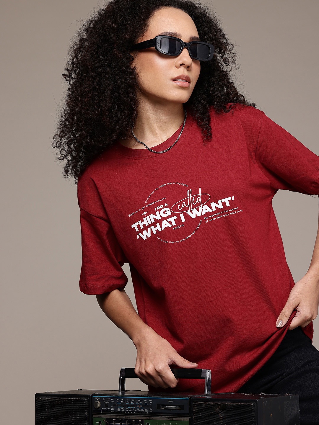 

The Roadster Life Co. Printed Drop-Shoulder Sleeves Pure Cotton Oversized T-shirt, Maroon